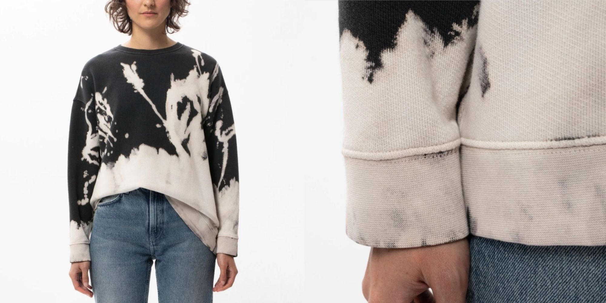 black and white bleached crewneck cotton sweater by Nudie Jeans