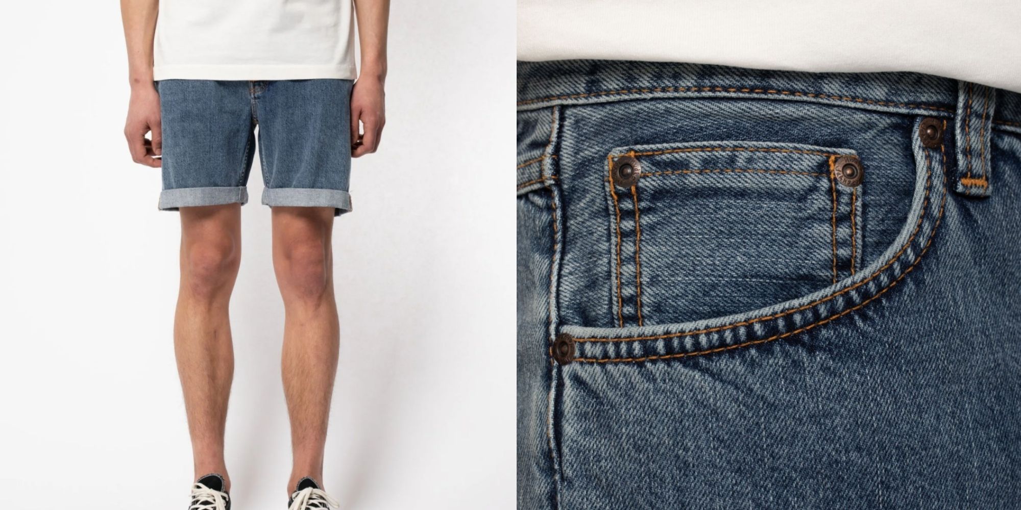 man wearing contrast stitching sustainable denim shorts by Nudie Jeans