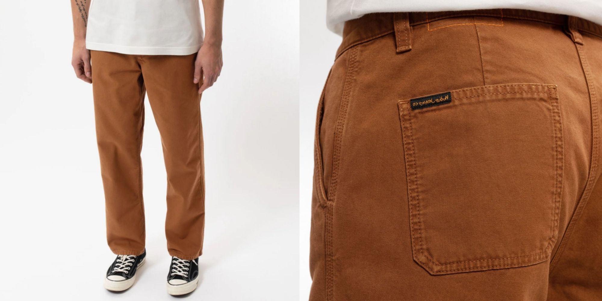 man wearing cinnamon workwear pants in organic cotton canvas by Nudie Jeans