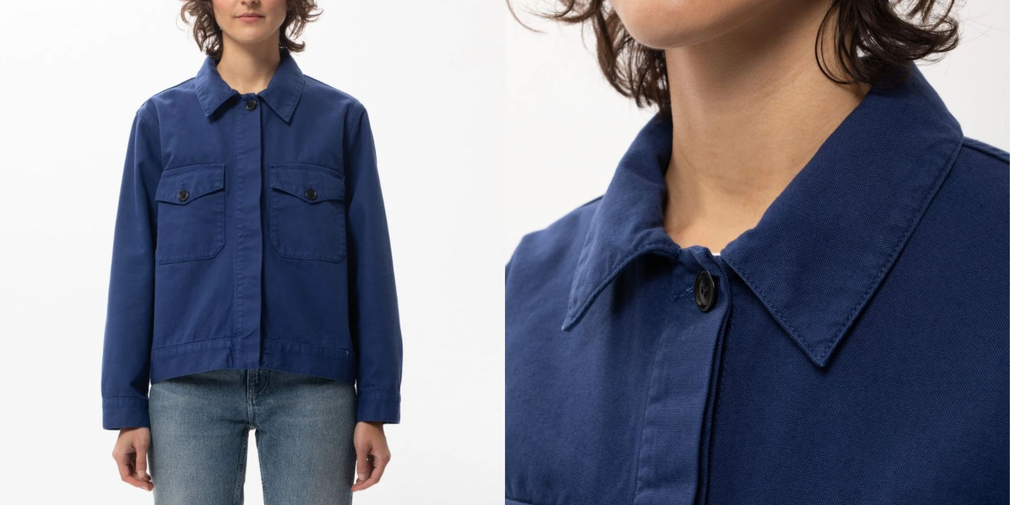 woman wearing navy utility jacket in organic cotton by Nudie Jeans