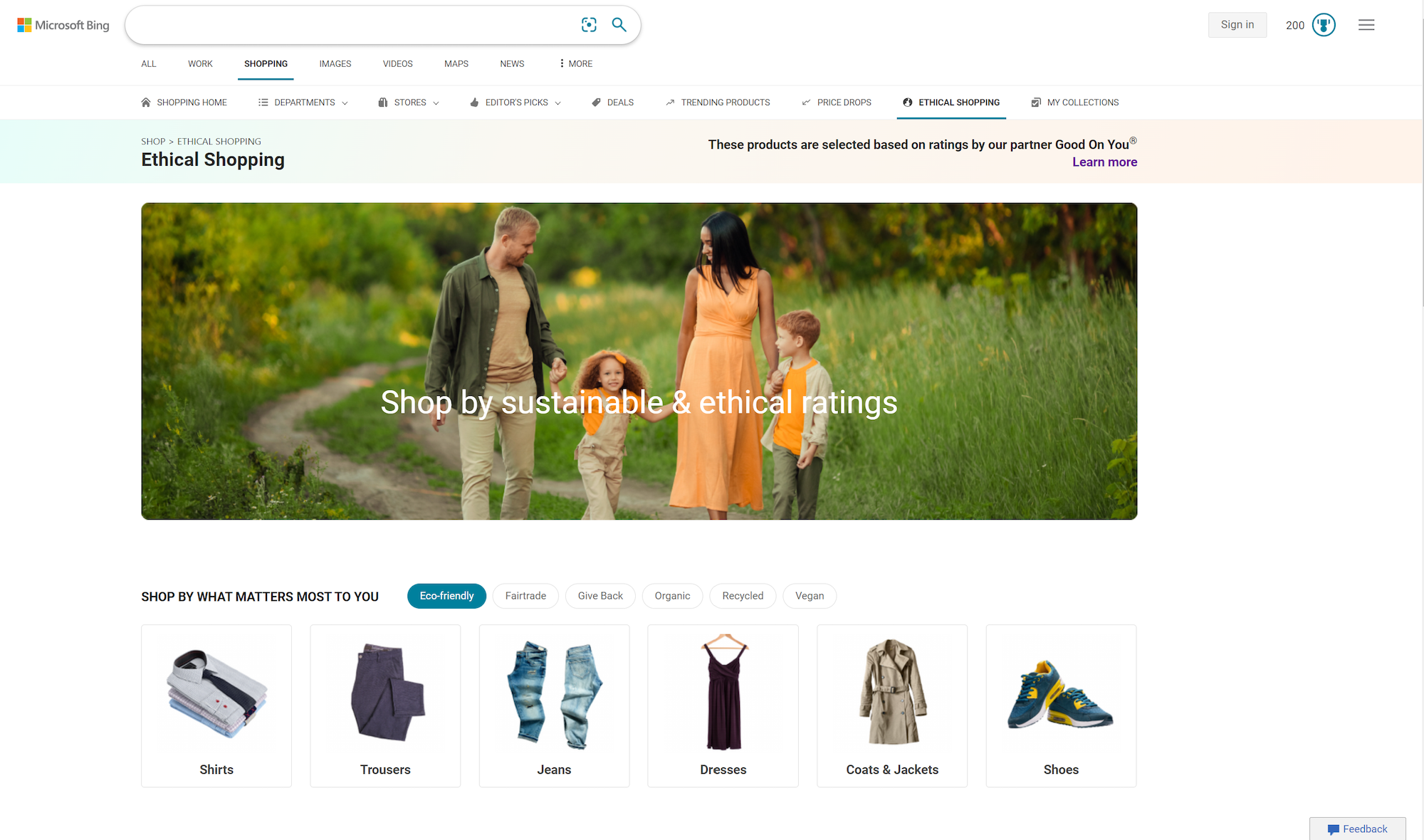 Screenshot of Microsoft Bing's Ethical Shopping Hub, powered by Good On You's ratings