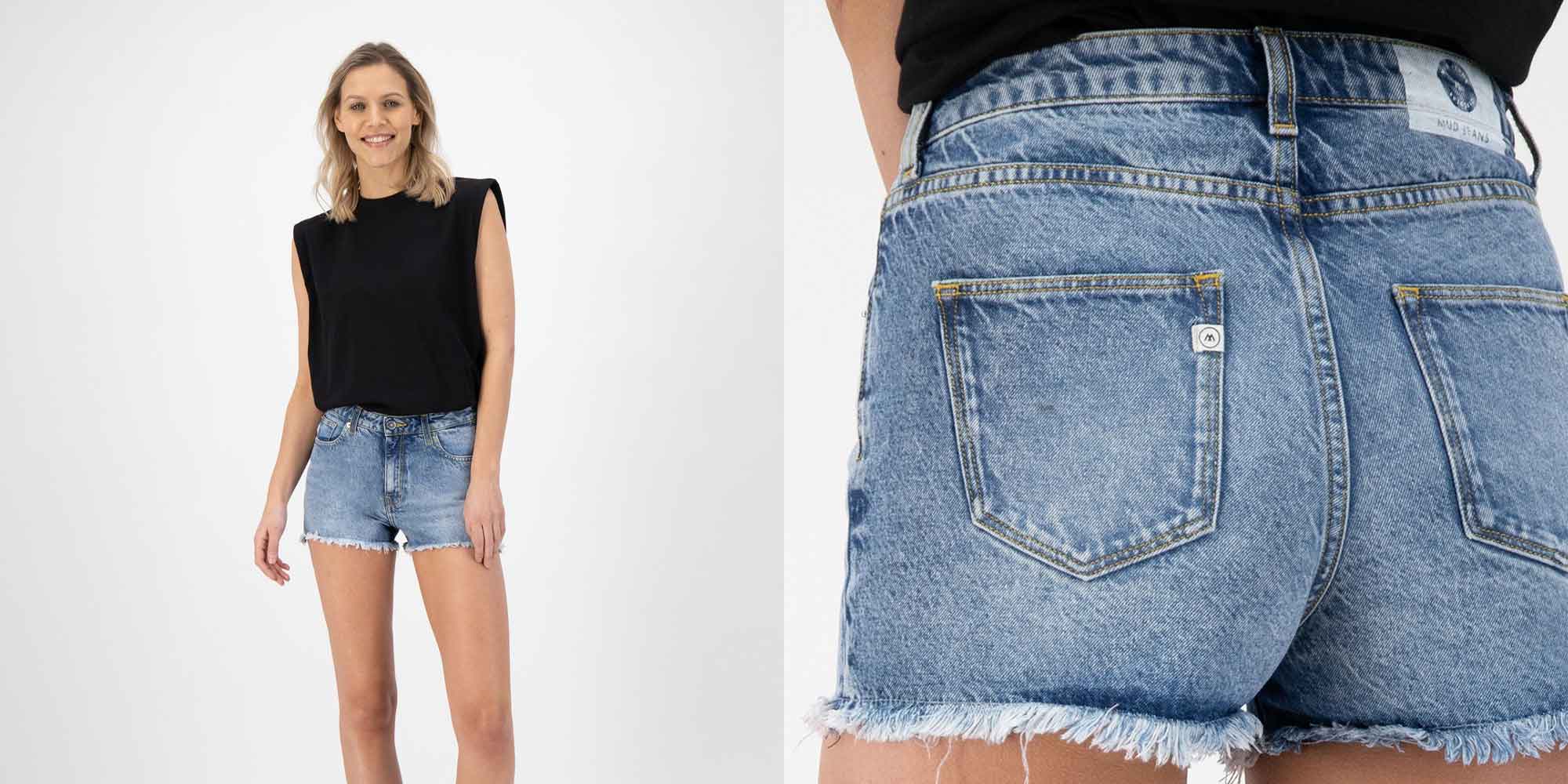 woman wearing blue denim shorts by mud jeans