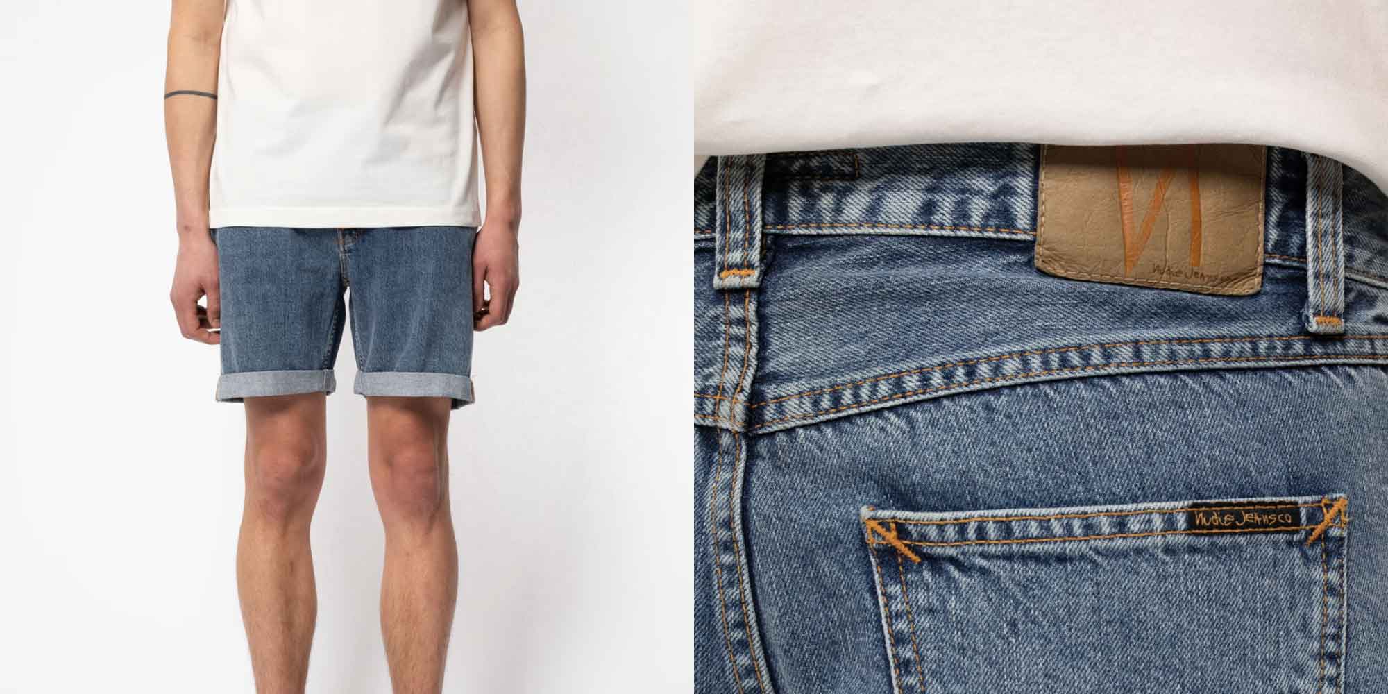 man wearing denim shorts by nudie jeans