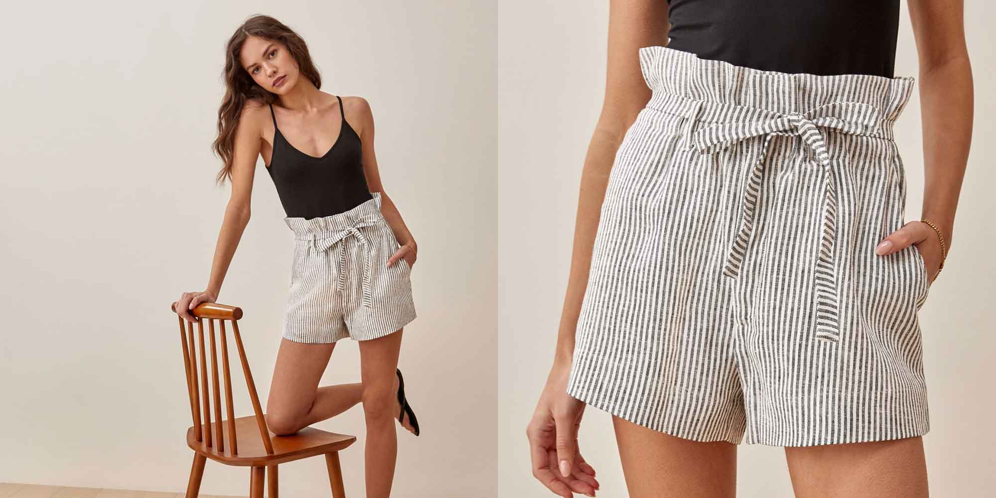 woman wearing striped shorts by reformation