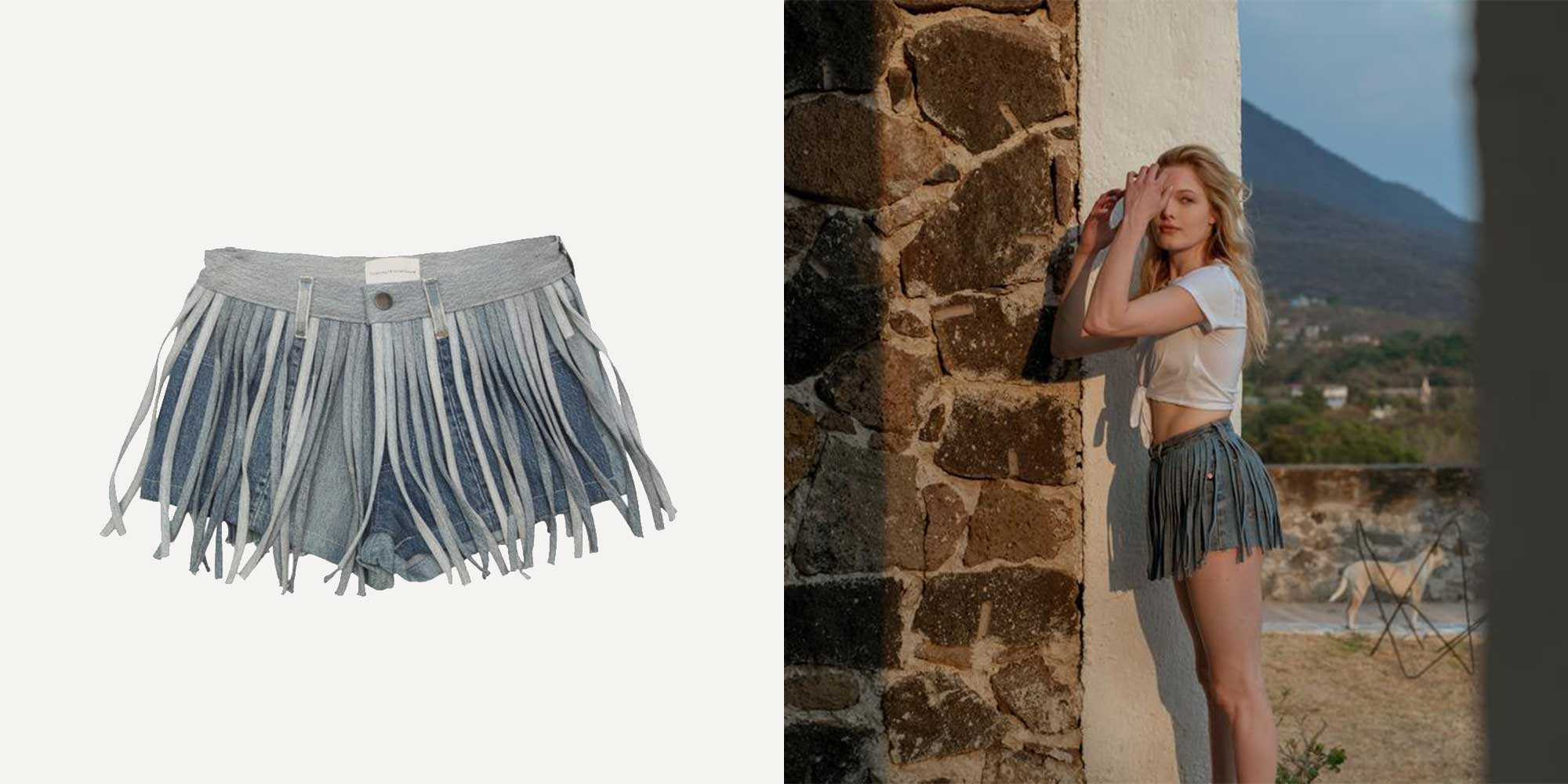 woman wearing fringed denim shorts by triarchy
