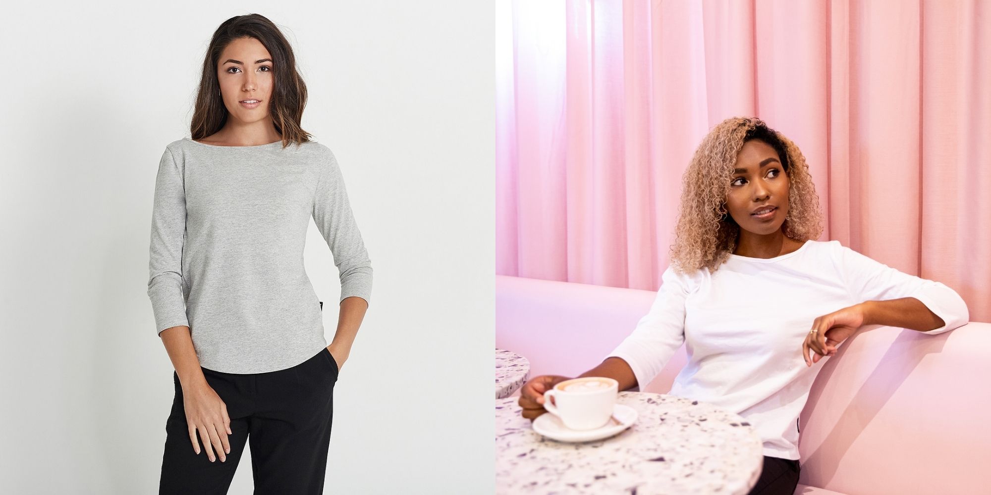 women wearing three quarter boat neck ethical tshirts by Citizen Wolf