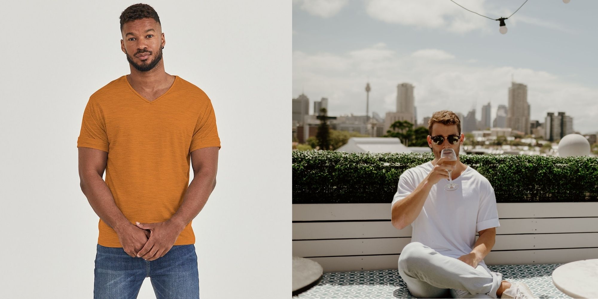 men wearing relaxed rolled v neck shirt sustainably made by Citizen Wolf