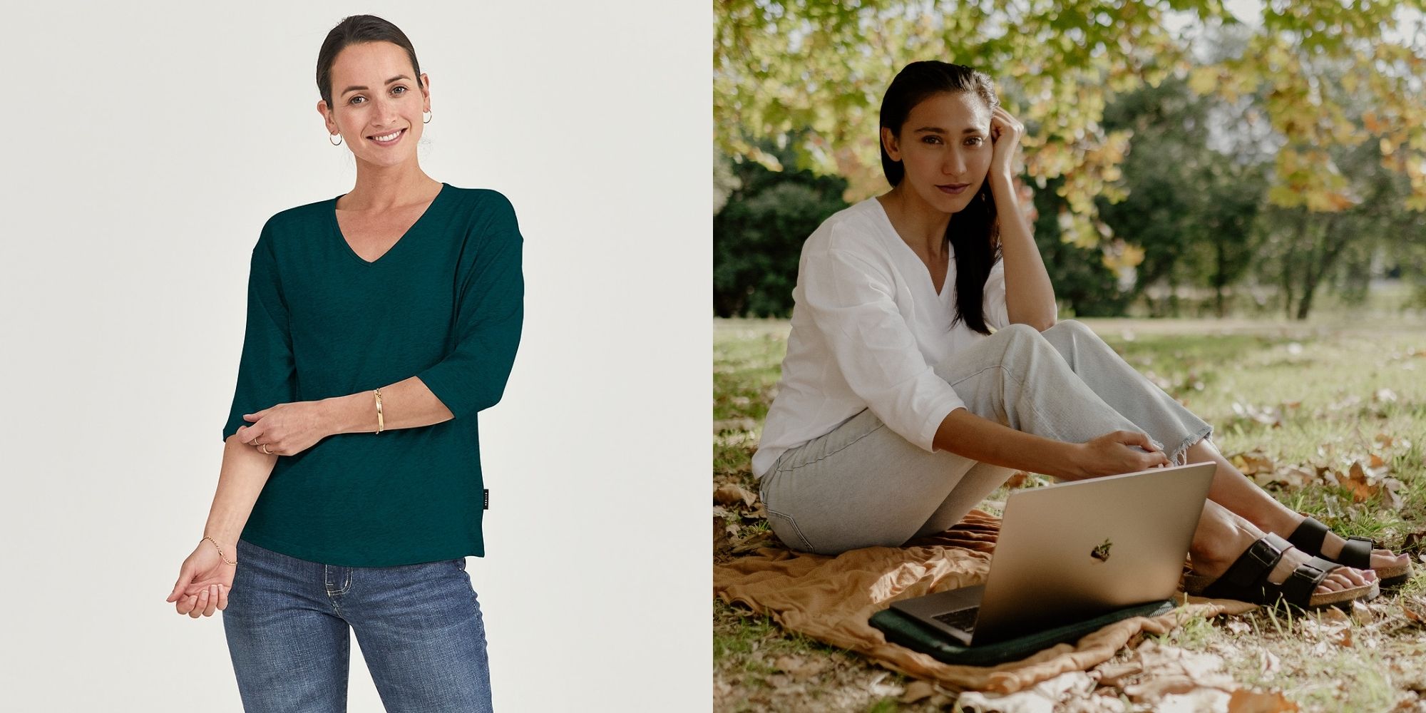 women wearing relaxed three quarter v sustainable tee by Citizen Wolf