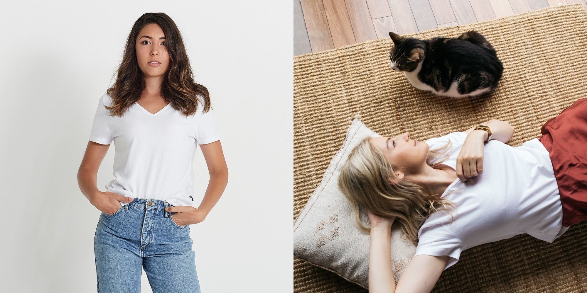 women wearing short v sustainable t by Citizen Wolf next to a cat