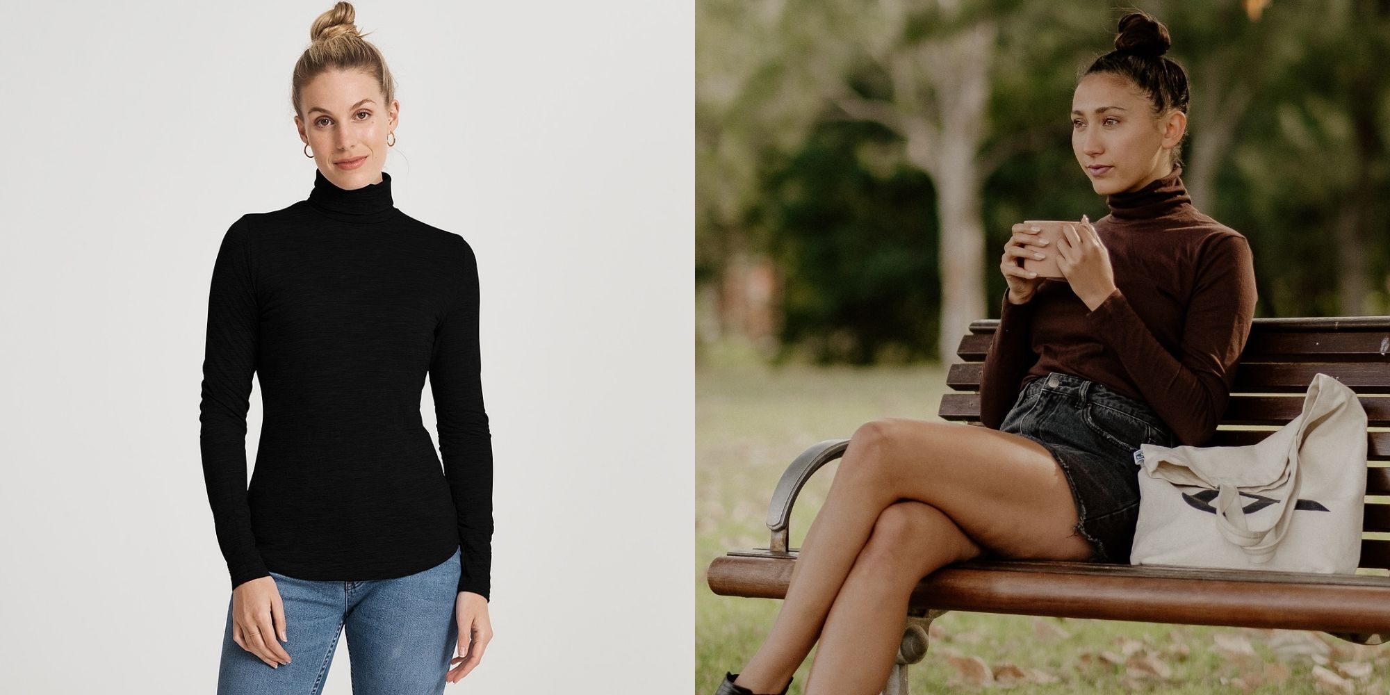 women wearing turtleneck eco-friendly tee by Citizen Wolf