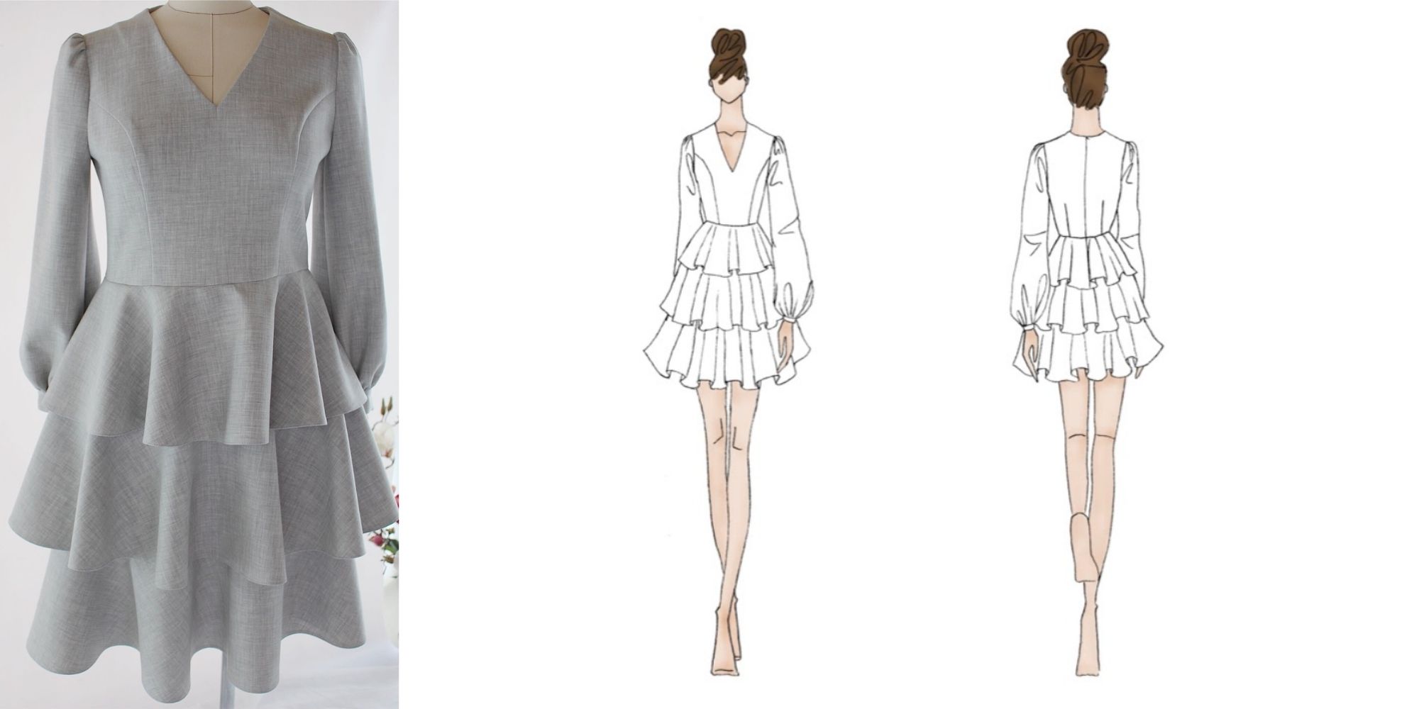 grey layered dress and sketches custom made by Dressarte