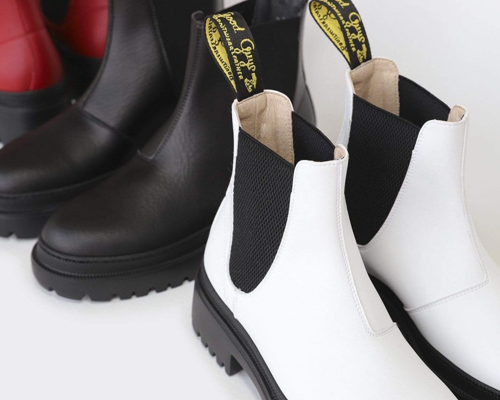 White rubber soled vegan Chelsea style ethical boots sustainably made by Good Guys.