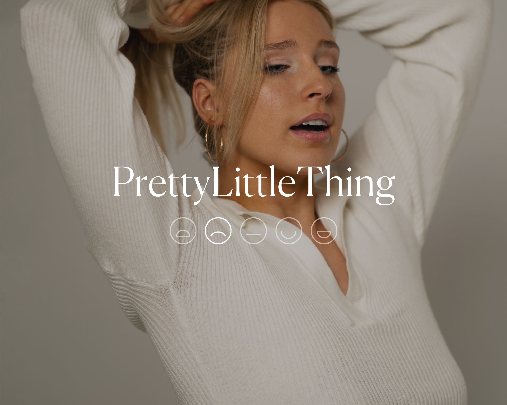 Someone posing in a white trendy crop top with the words PrettyLittleThing overlaid and a sad emoji face highlighted.