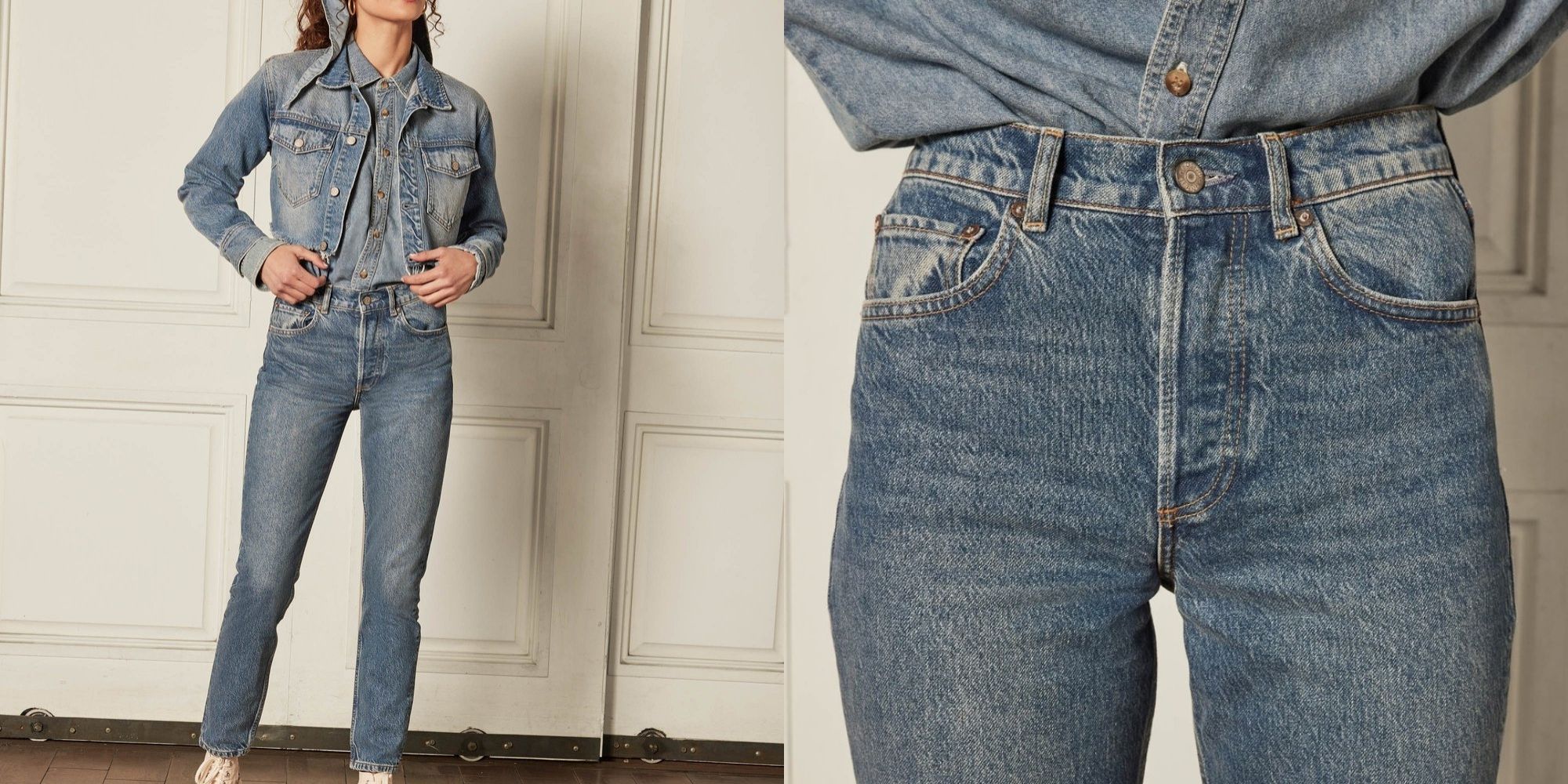 woman wearing full sustainable denim outfit by Boyish