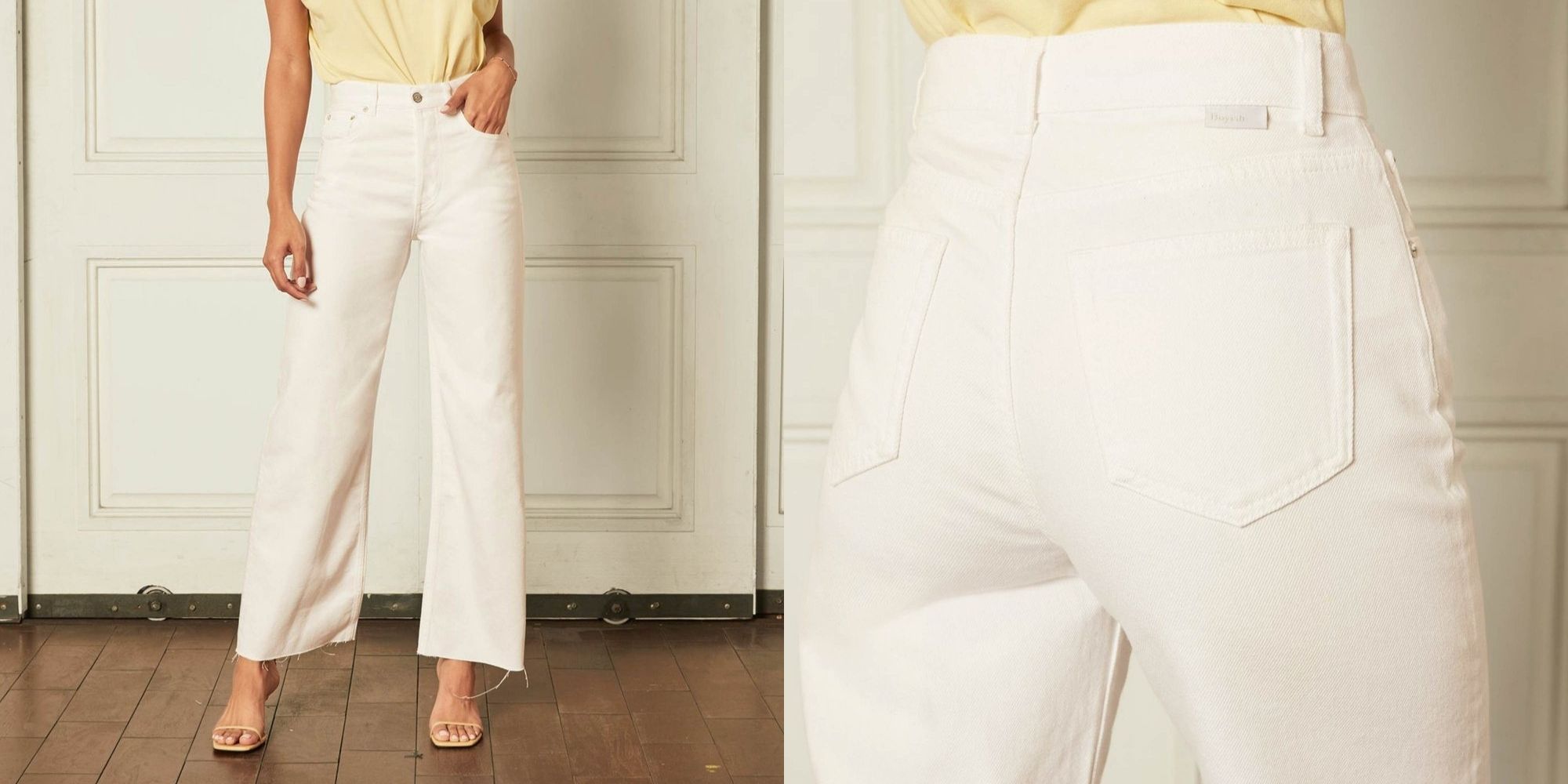 woman wearing white vintage wide leg jeans by Boyish