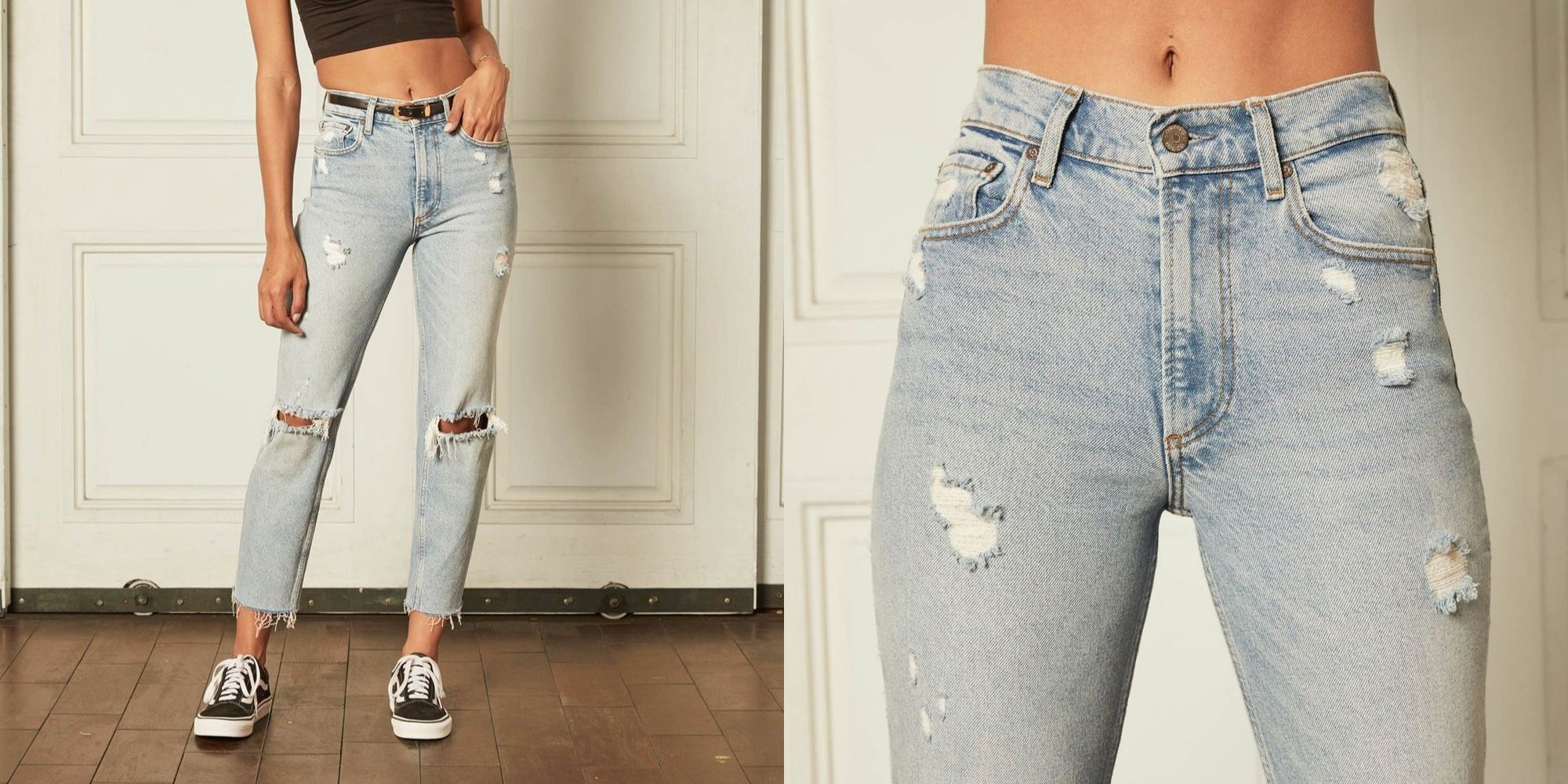 woman wearing torn denim jeans ethically made by Boyish