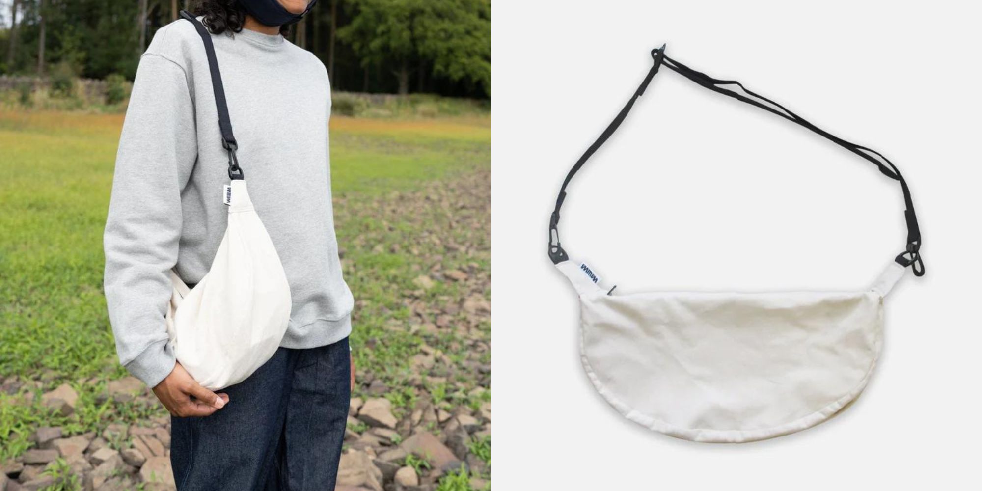 A white organic cotton half moon cross body bag with a black strap made responsibly by WAWWA.