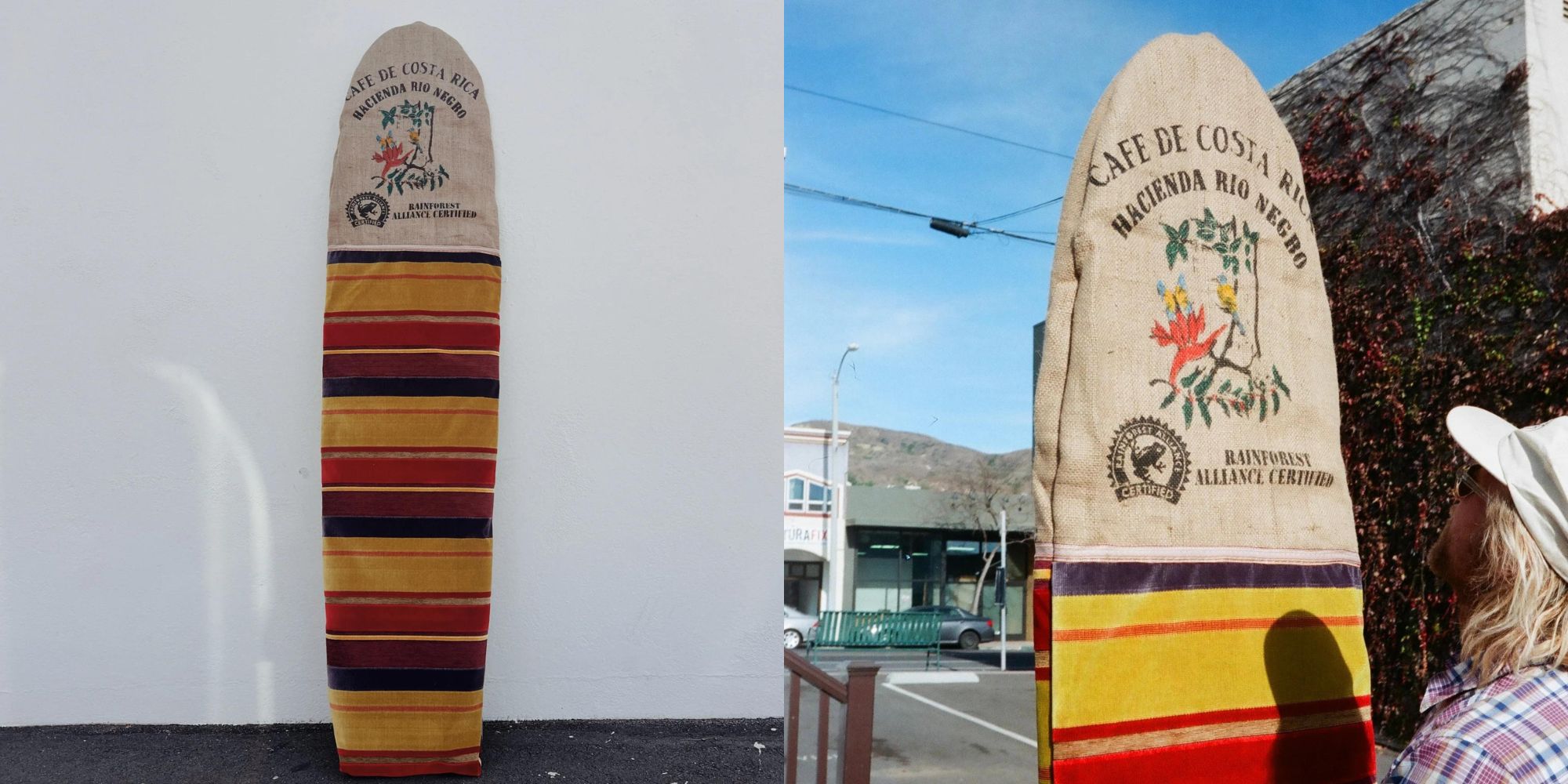 A 9' striped surf bag made from upcycled materials.