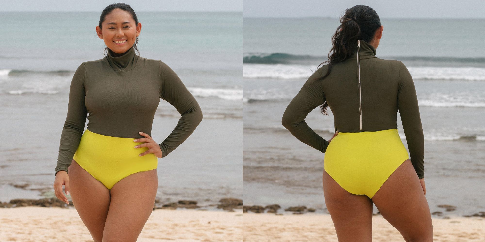 A green and yellow recycled nylon surf suit by SEPTEMBER.