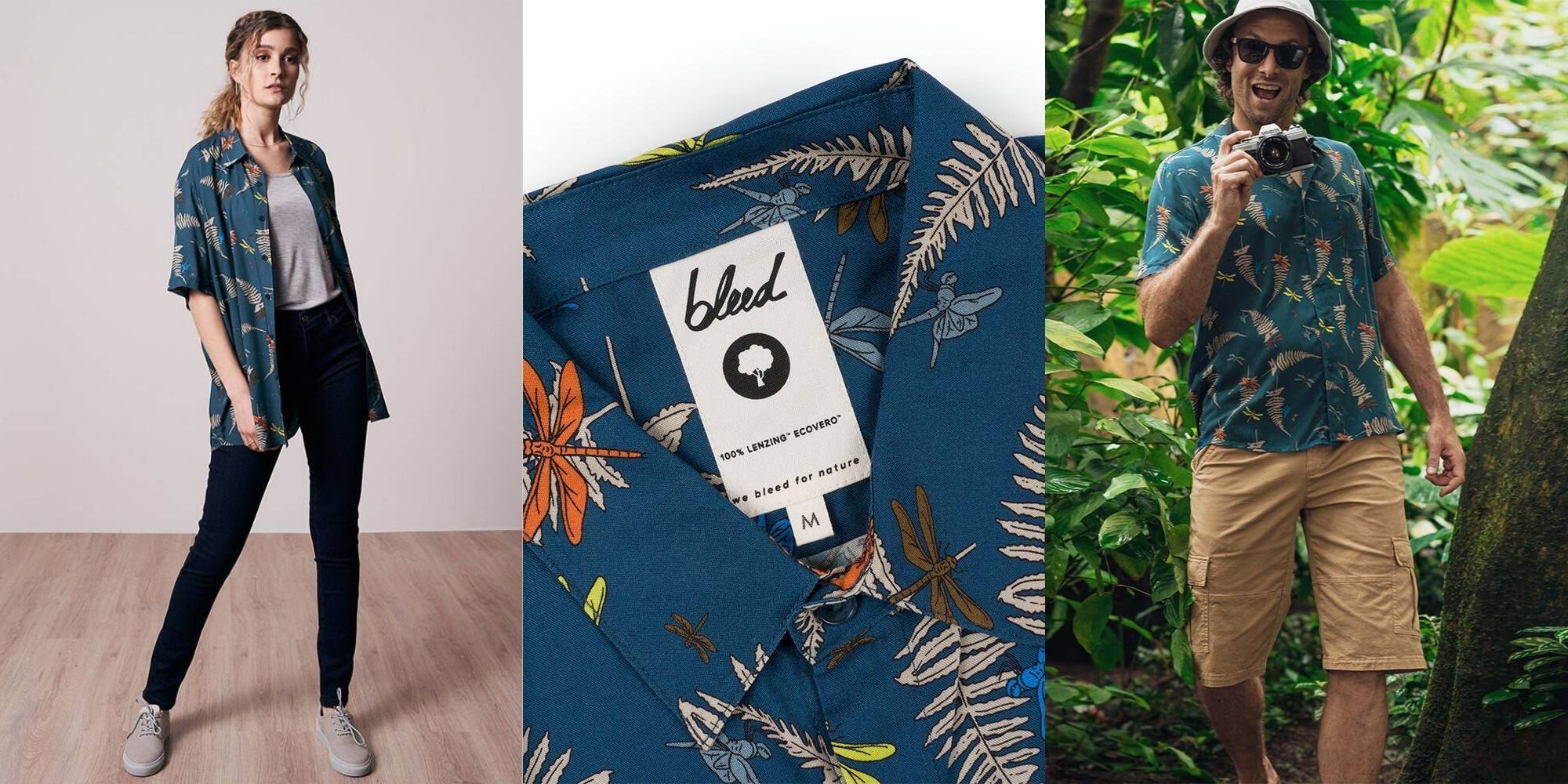 woman and man wearing blue nature print eco-friendly button up shirt by bleed
