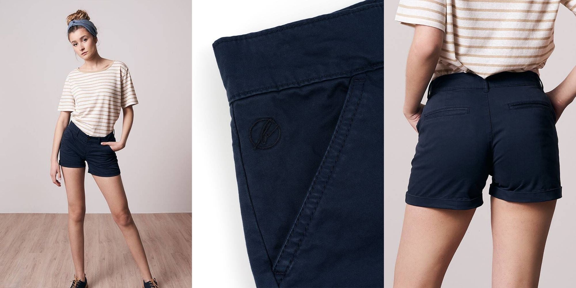 woman wearing stylish sustainable chino shorts in dark navy by bleed