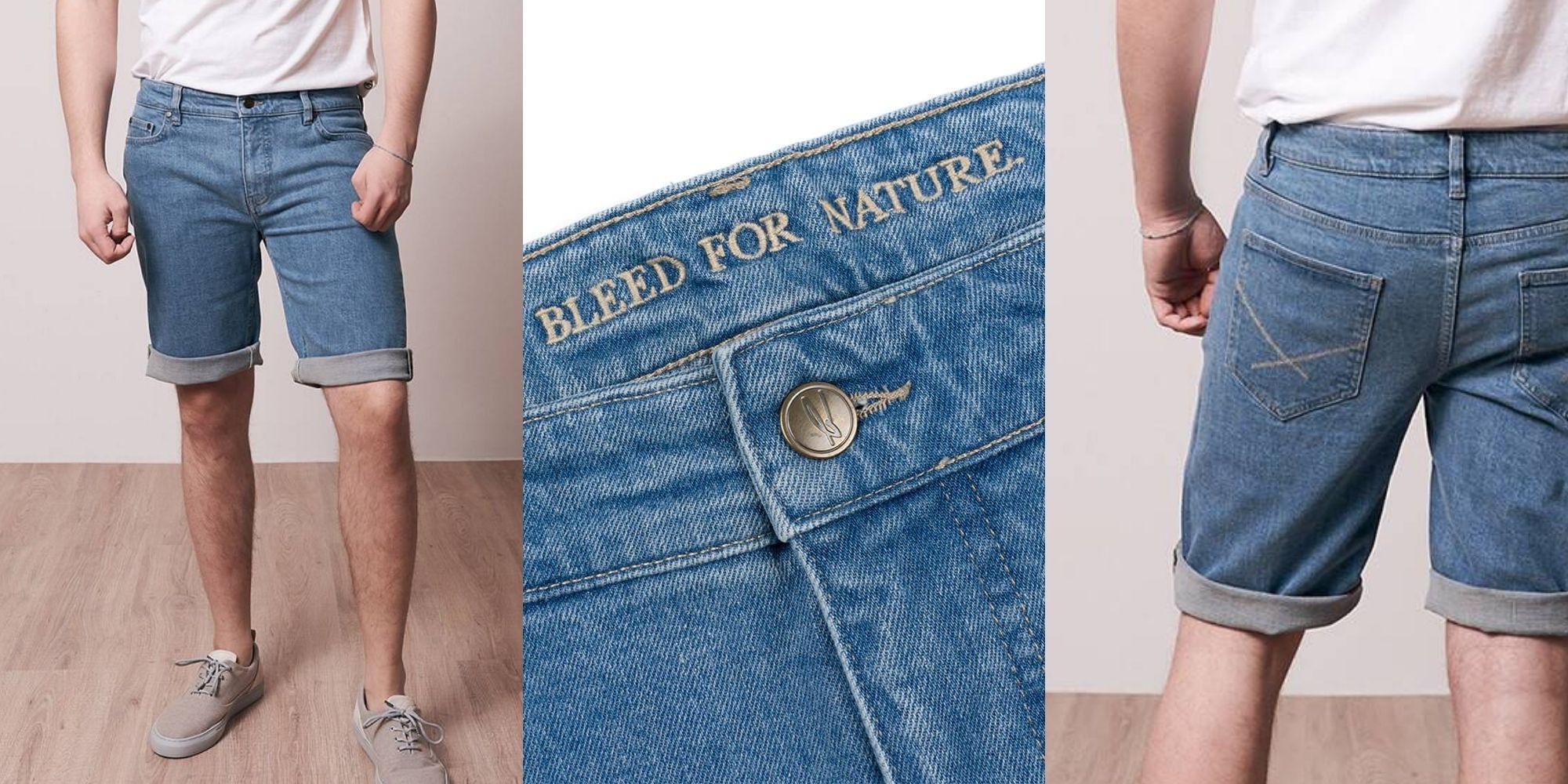 man wearing denim shorts sustainably made by bleed