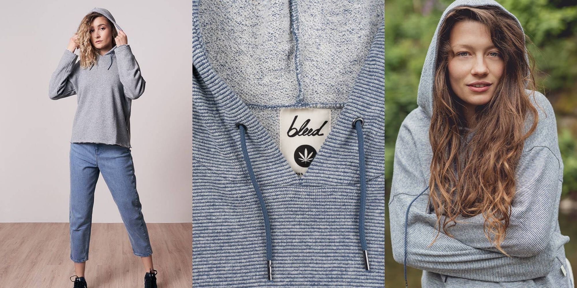 woman wearing hemp and cotton raw hem hoodie ethically made by bleed