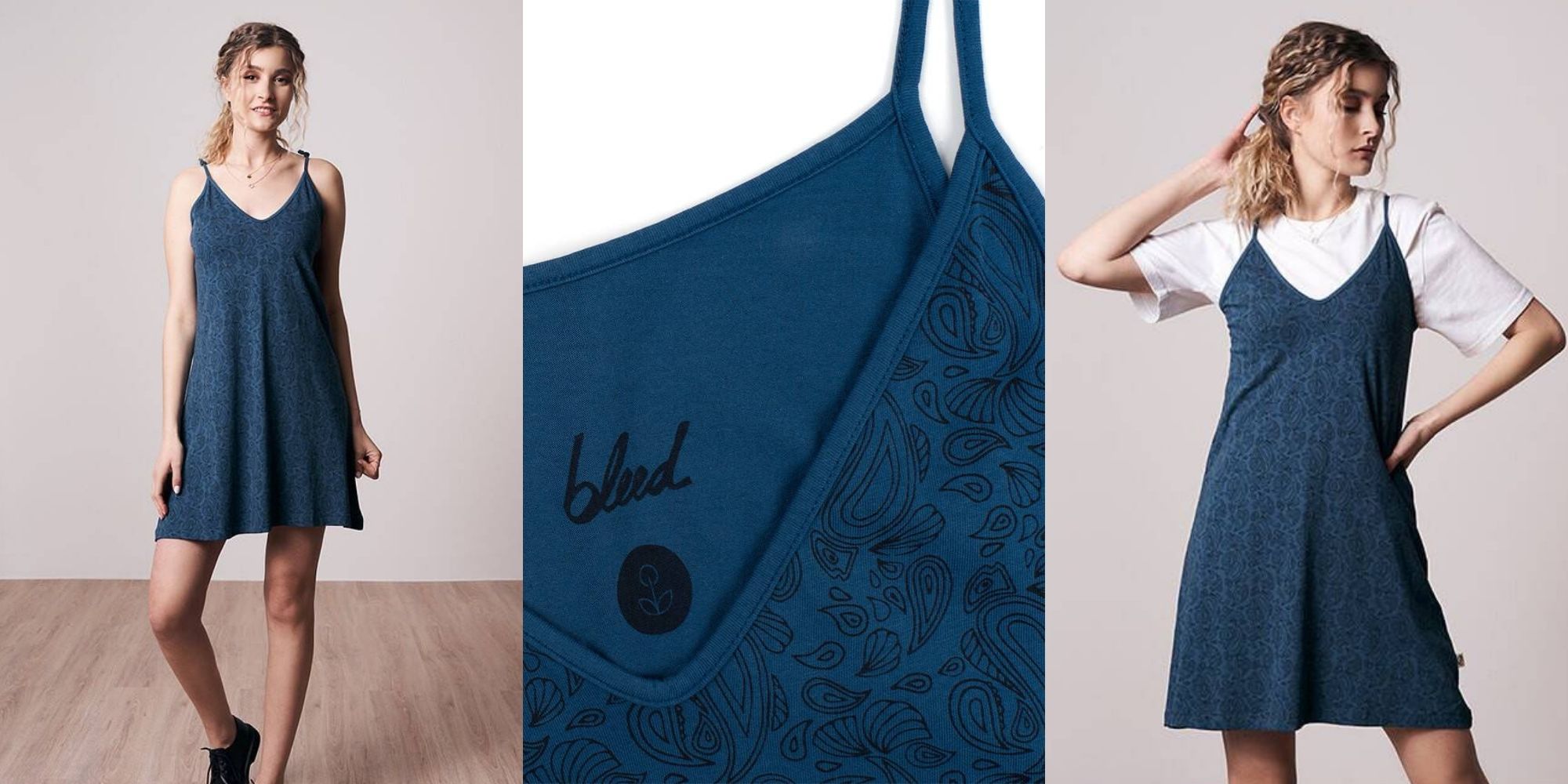 woman wearing blue paisley sustainably made dress by bleed