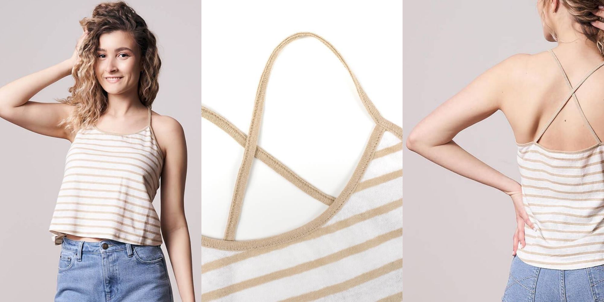 woman wearing cropped striped white and beige linen top by bleed