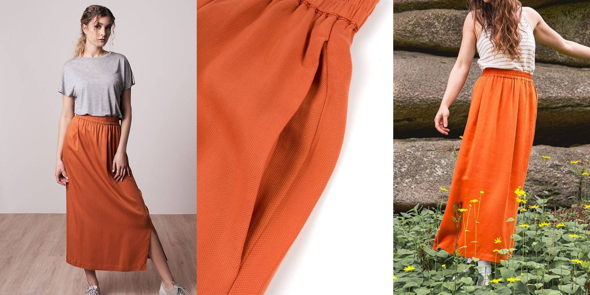 woman wearing bright orange sustainable skirt by bleed