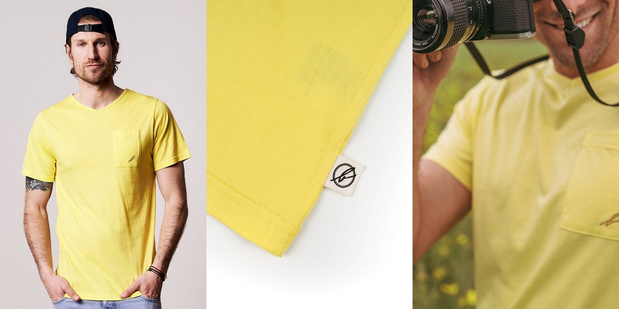 man wearing bright yellow organic tshirt by bleed