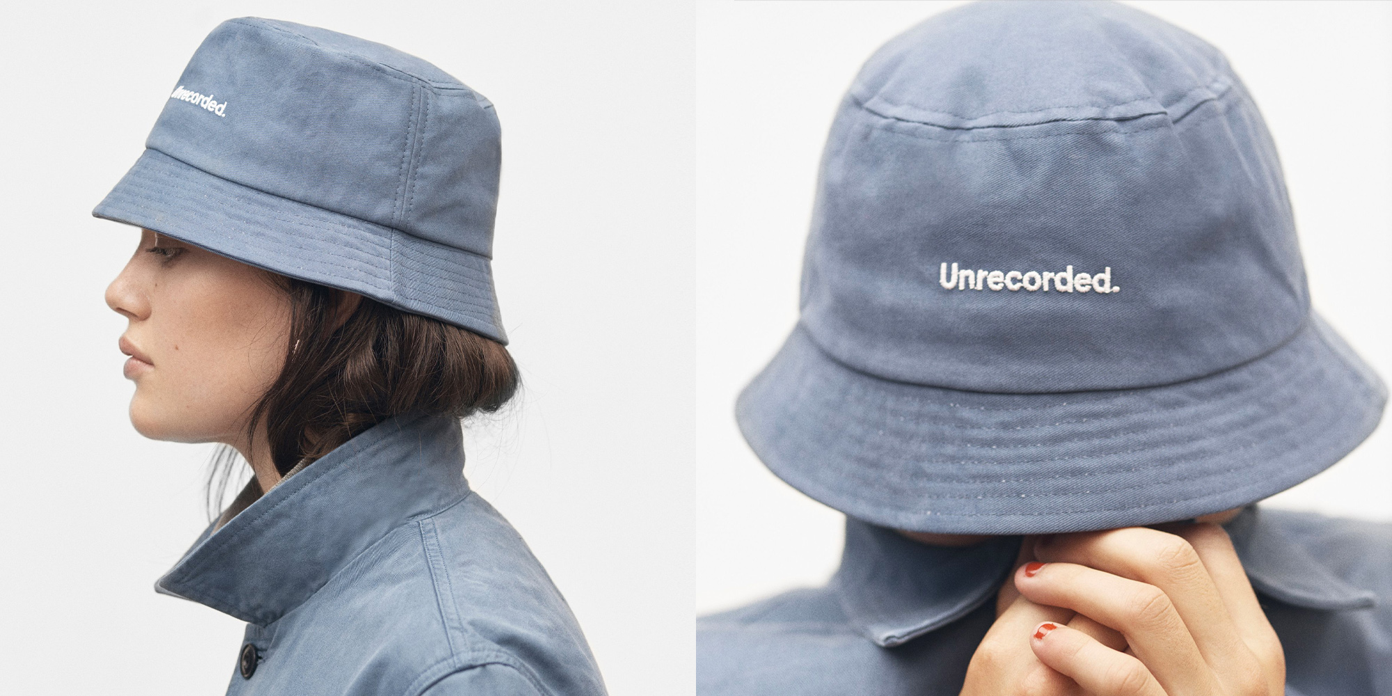 Woman in sustainable blue bucket hat by Unrecorded