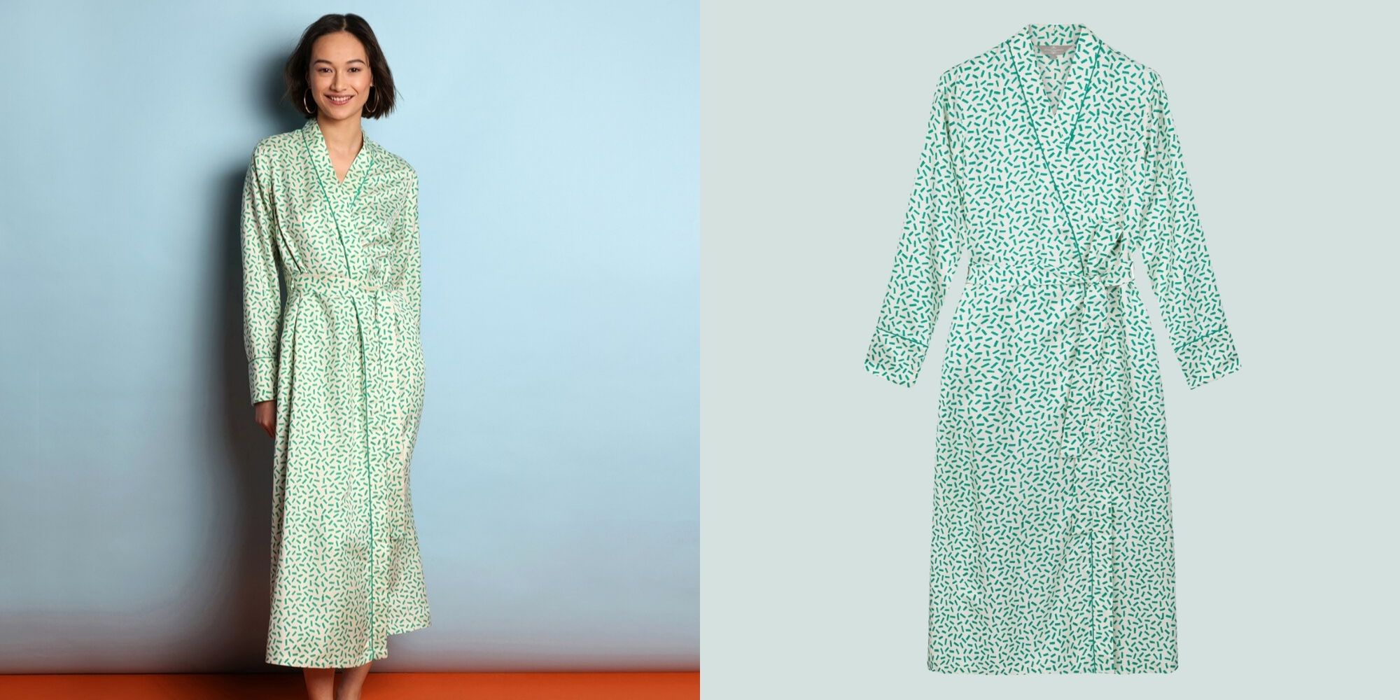 woman wearing green silk sustainable robes by The Ethical Silk Company