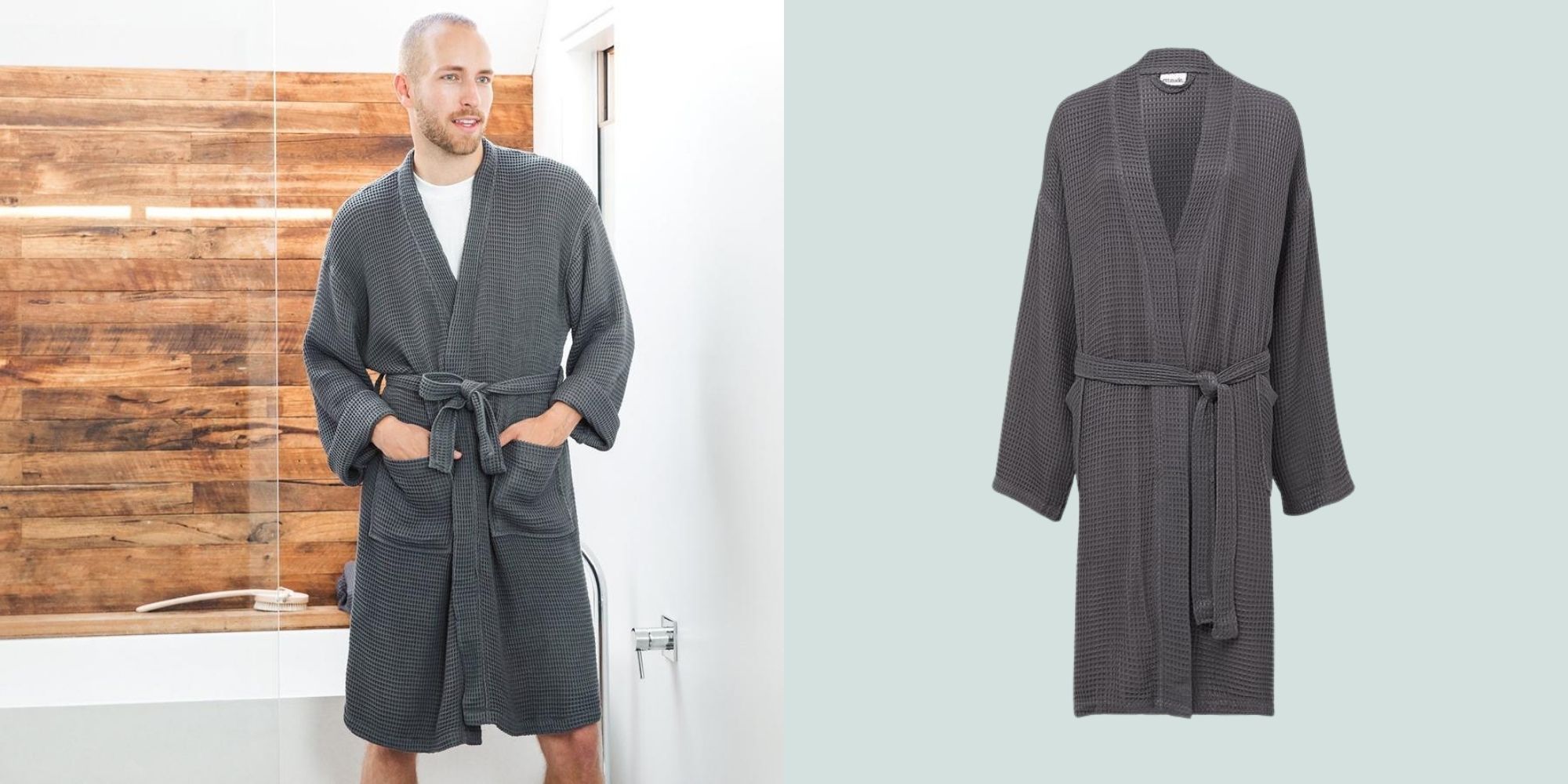 man wearing dark grey eco-friendly bathrobe by ettitude