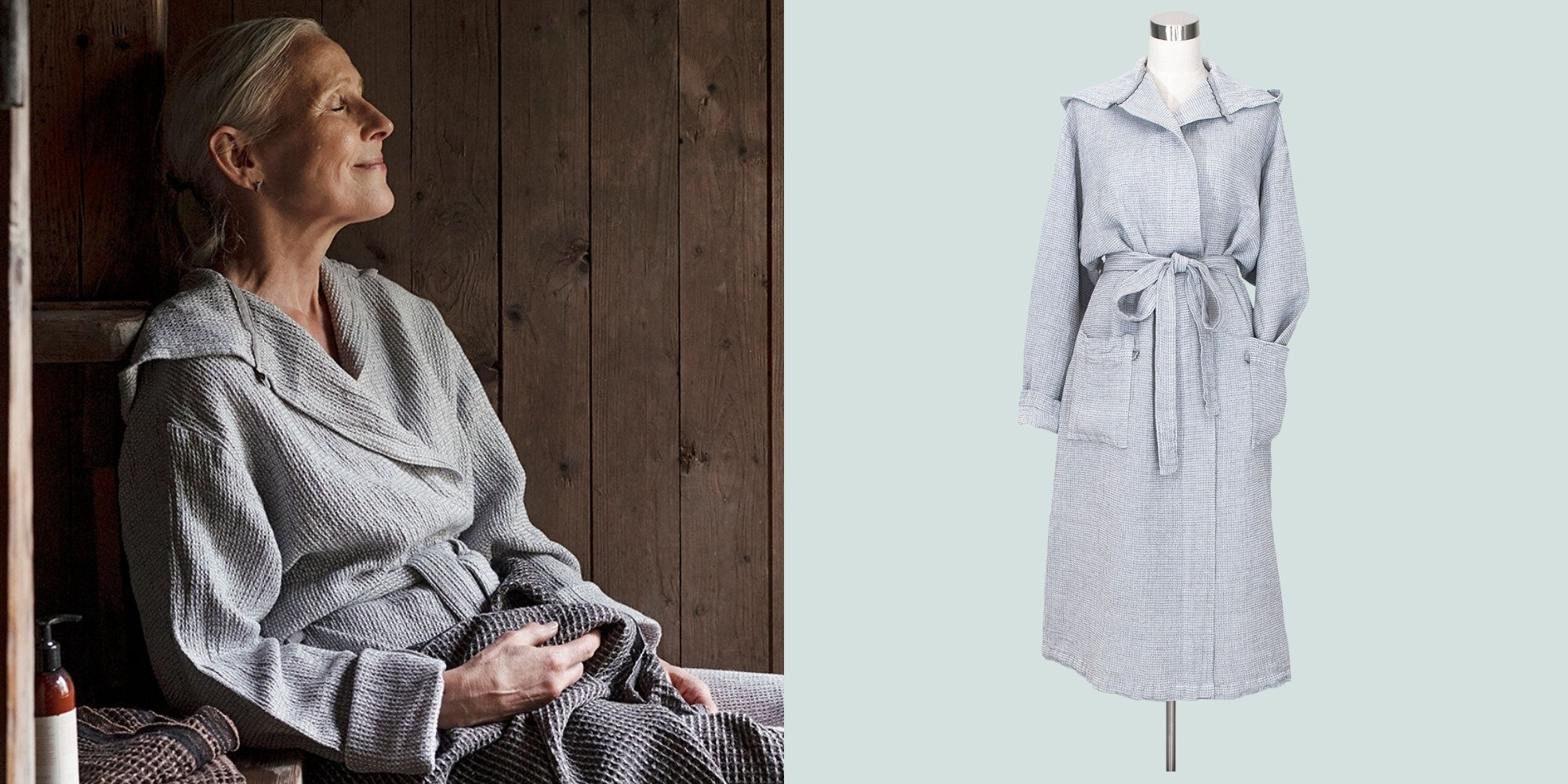 mature woman wearing grey hooded eco robe by Noctu