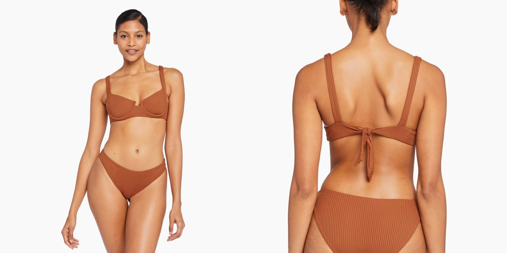 woman of colour wearing eco rib Demi bikini top by Vitamin A