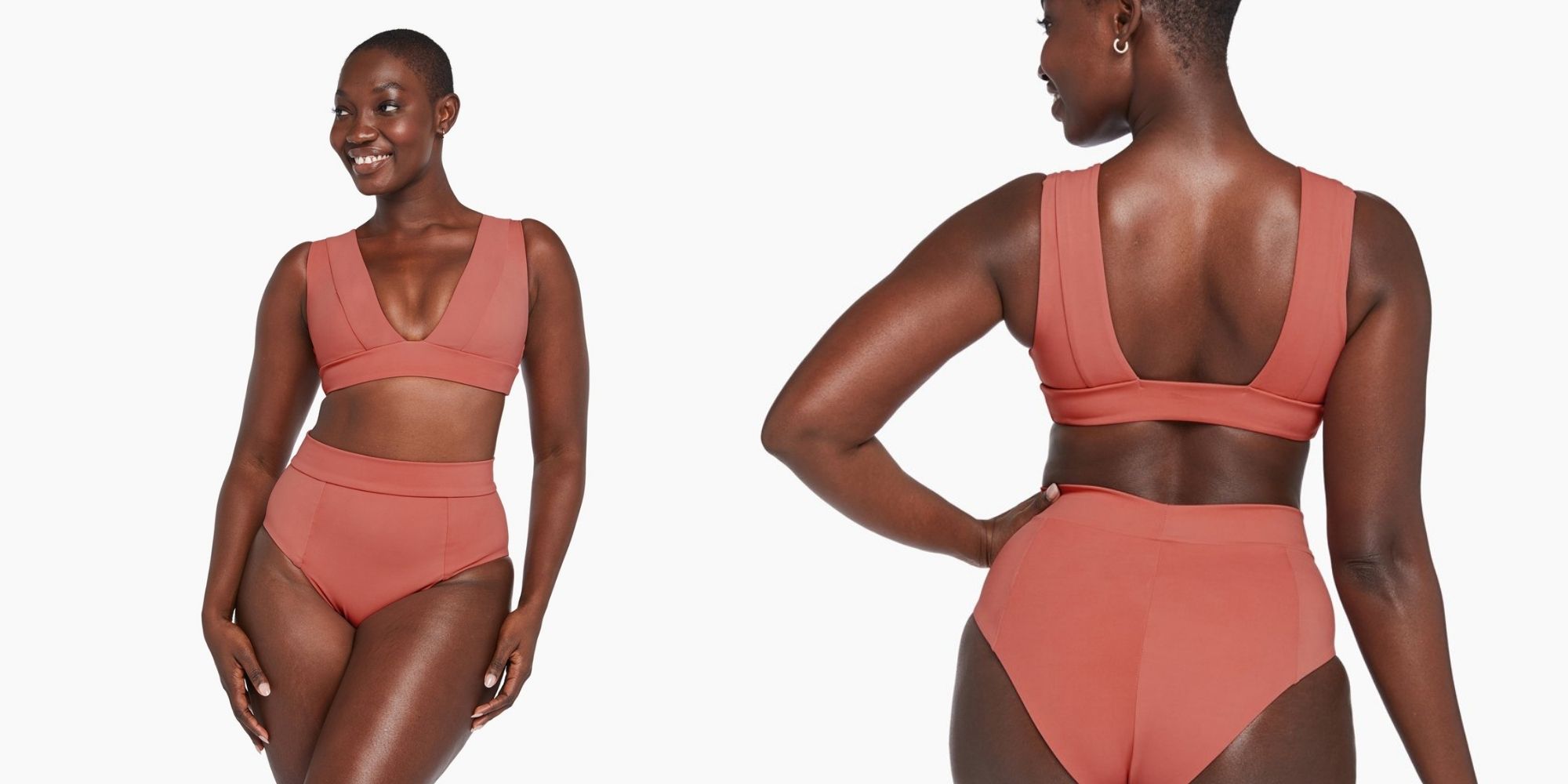 black woman wearing pink plant based bikini by Vitamin A
