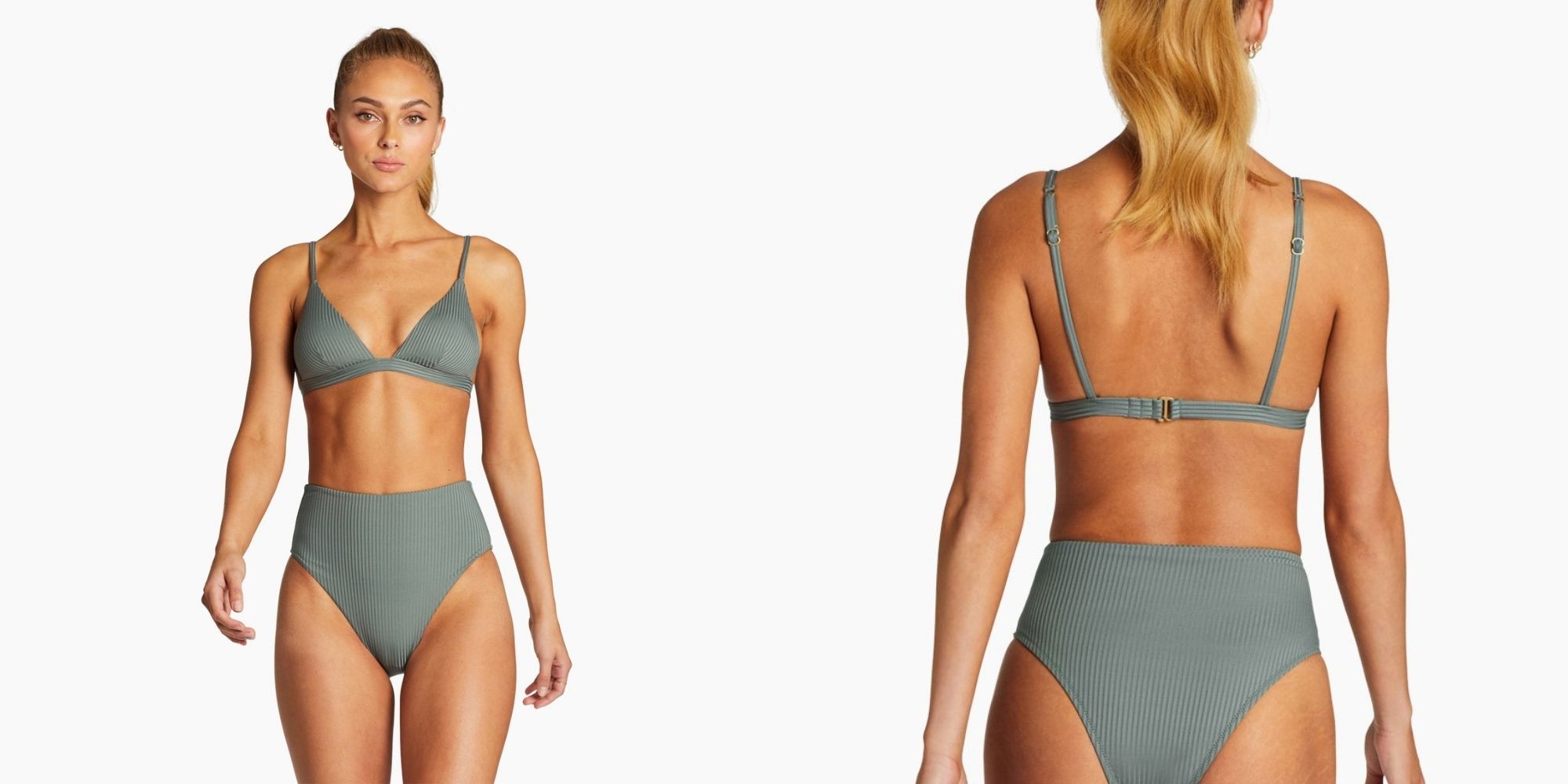 woman wearing moss minimalist bikini top by Vitamin A