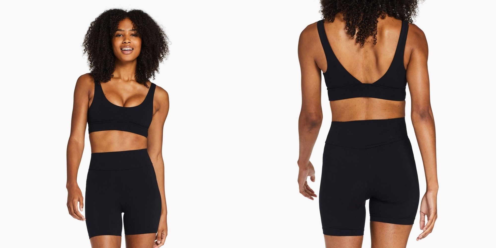 black woman wearing black sustainable bike shorts and bikini made by Vitamin A