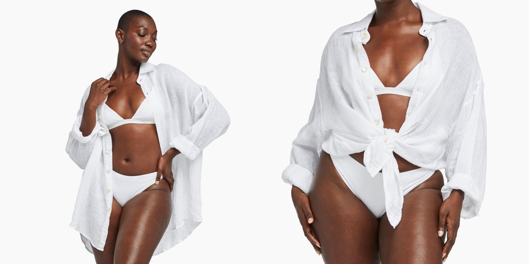black woman wearing white linen sustainable over shirt by Vitamin A