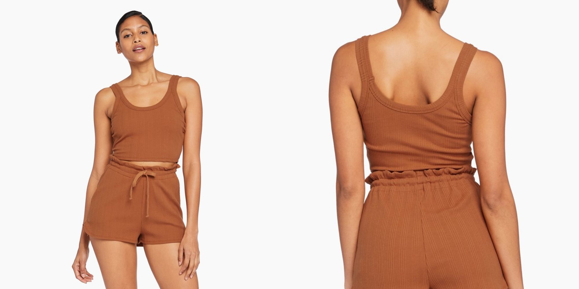 woman of colour wearing chai sustainable crop tank by Vitamin A