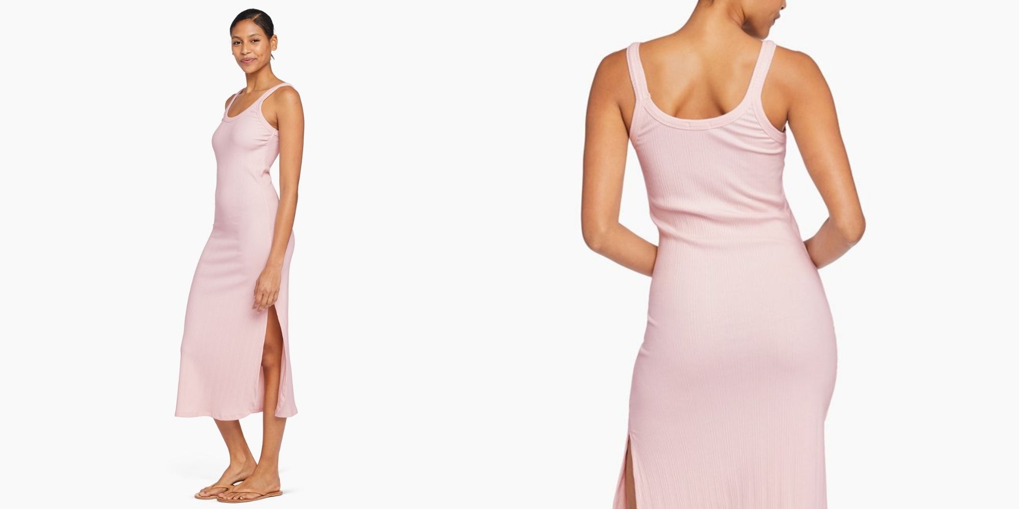 woman of colour wearing light pink eco-friendly dress by Vitamin A
