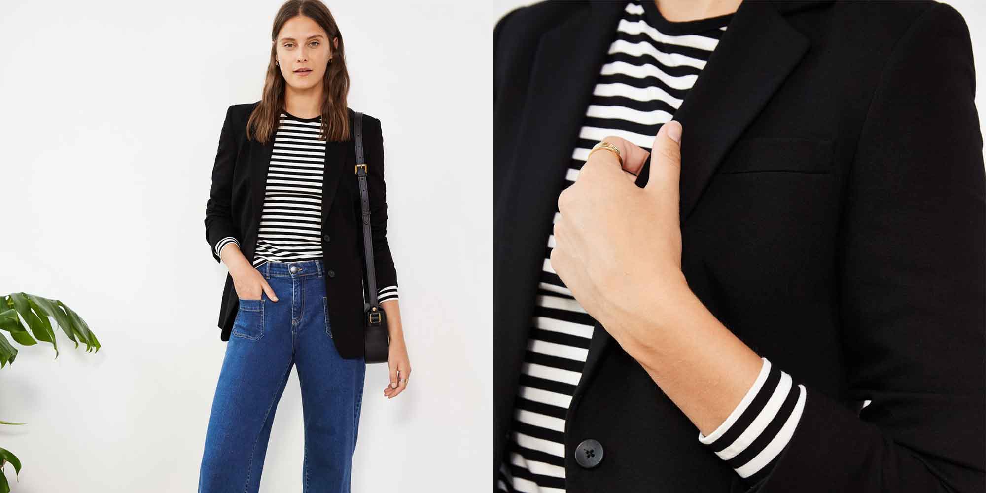 woman wearing black ethically made blazer by Baukjen brand