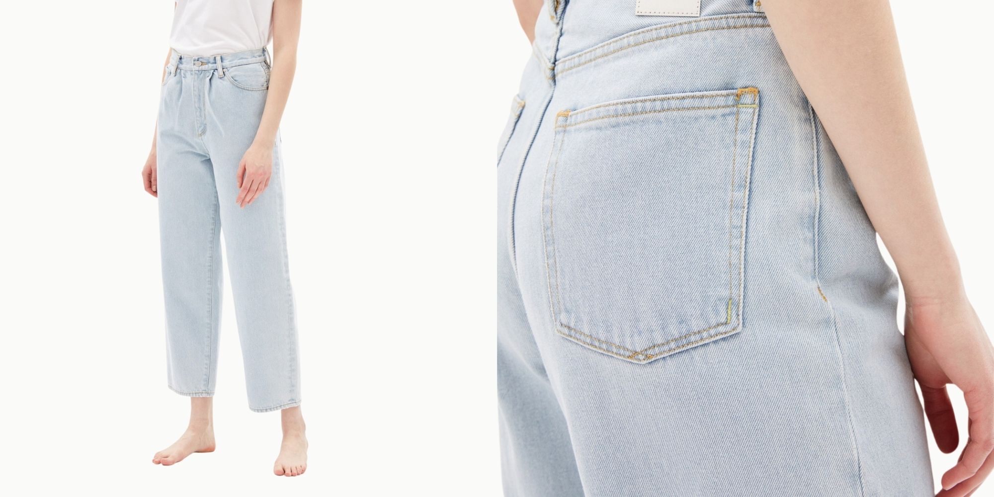 woman wearing loose fit AANIKE light wash eco denim by Armedangels