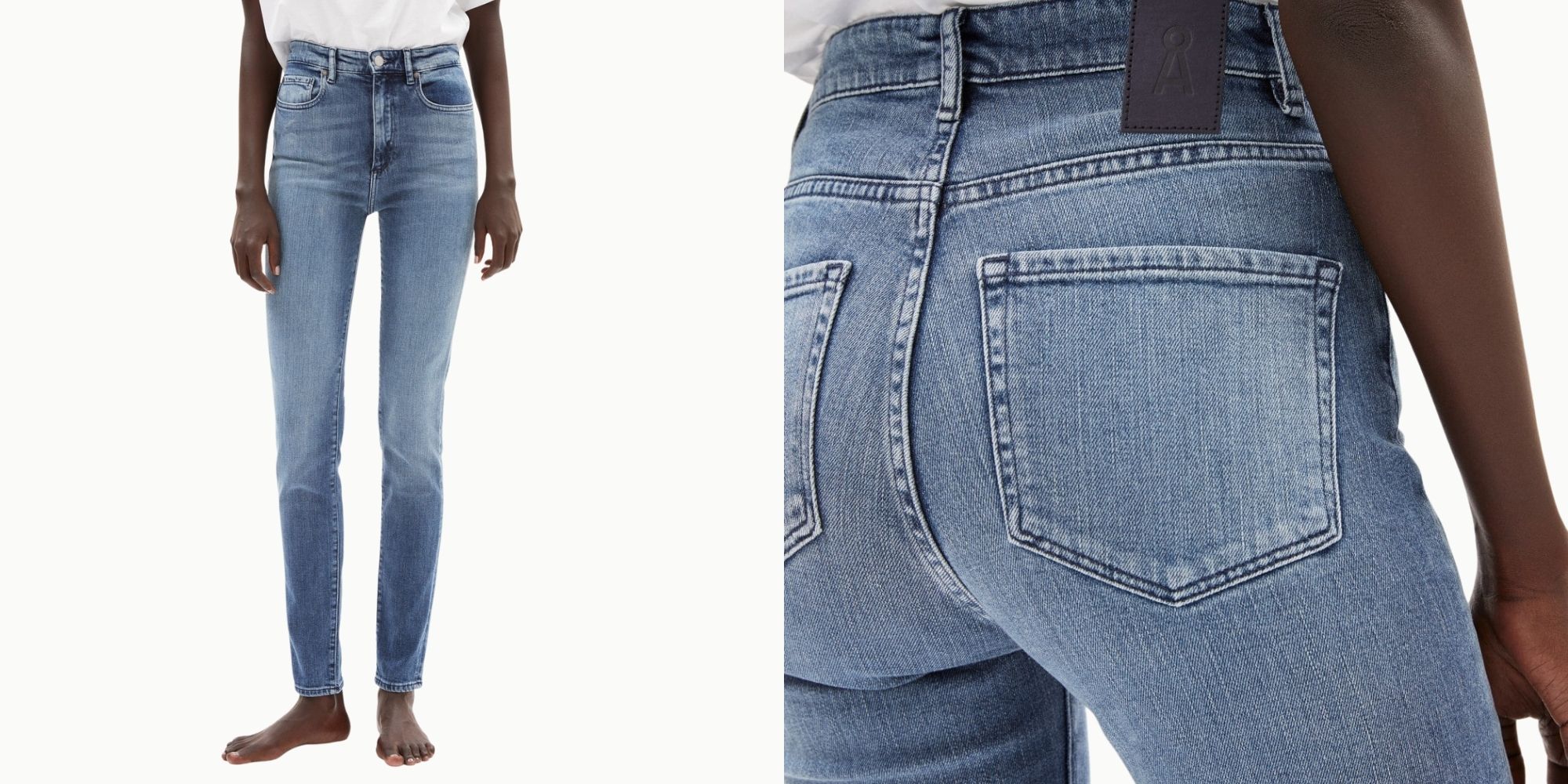 black woman wearing high waist skinny jeans from DetoxDenim by Armedangels