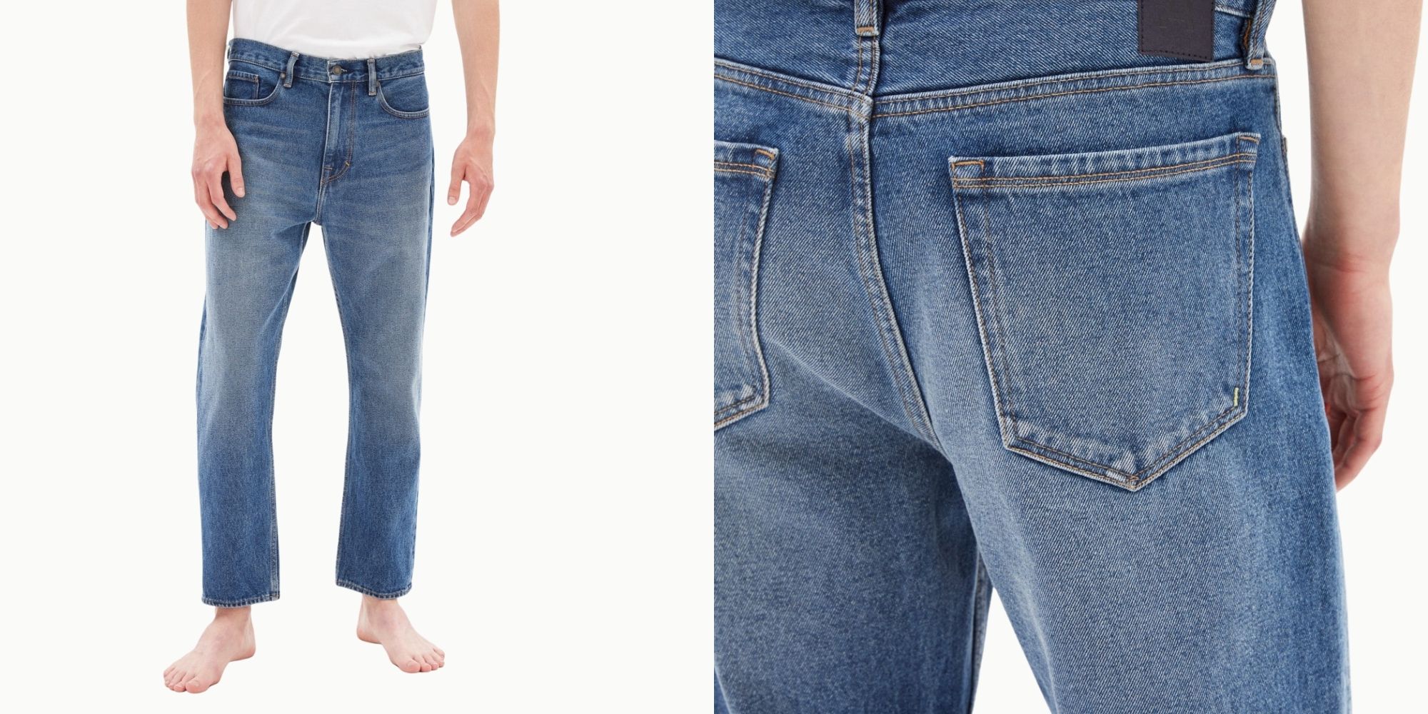 man wearing loose fit sustainable DetoxDenim jeans by Armedangels