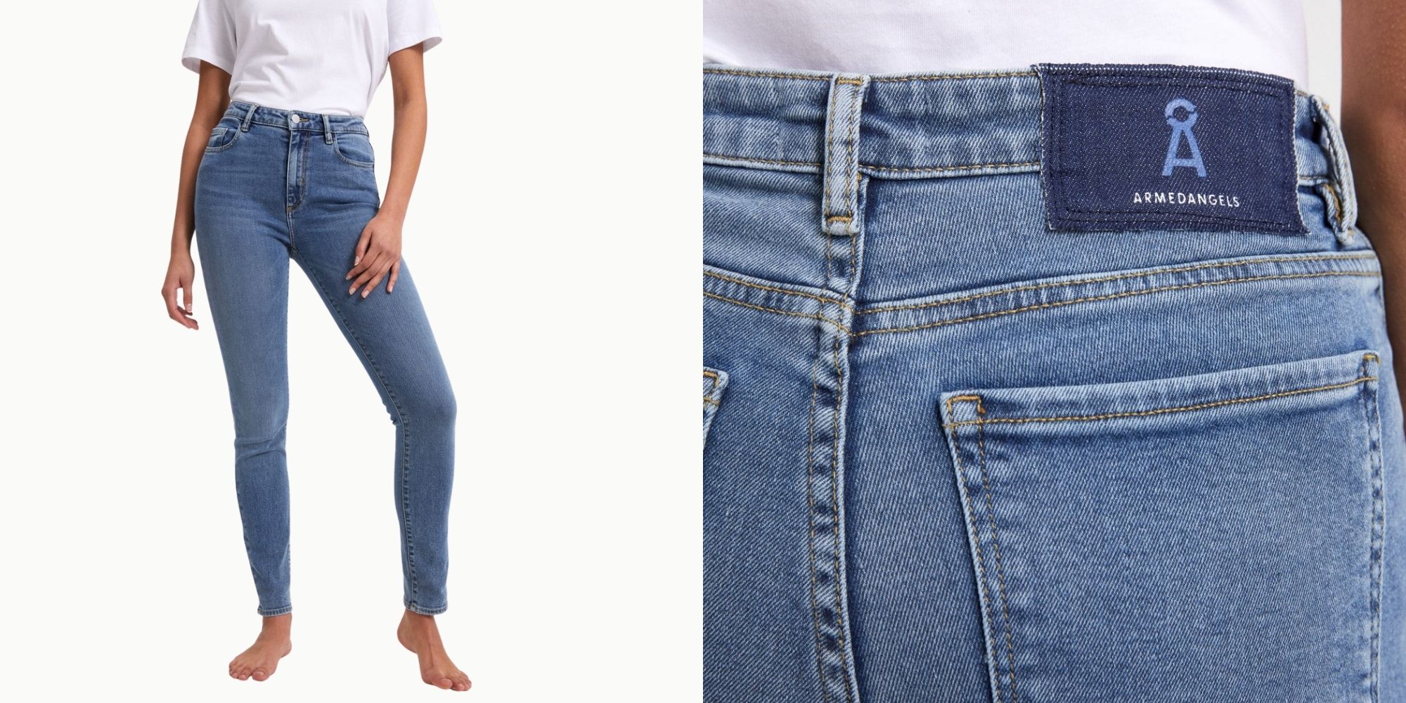woman wearing classic skinny ethical jeans by Armedangels