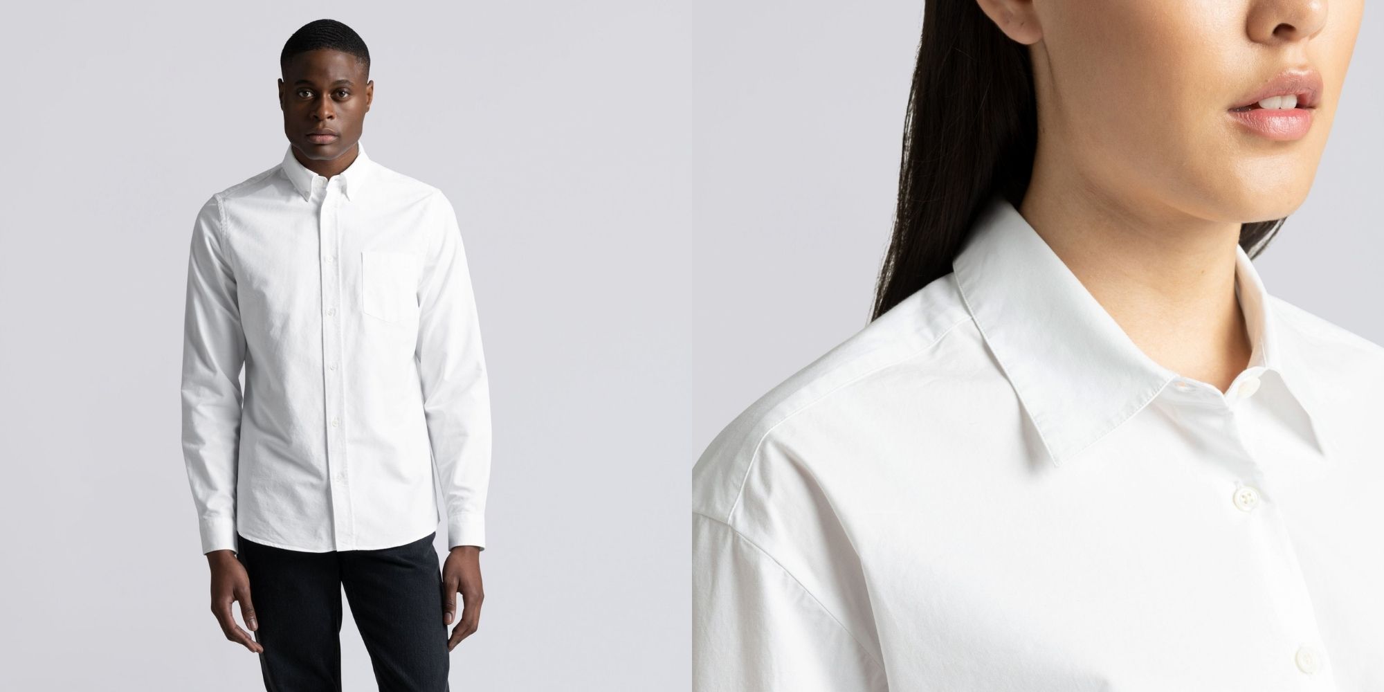 man and woman wearing sustainable white button up shirts by ASKET