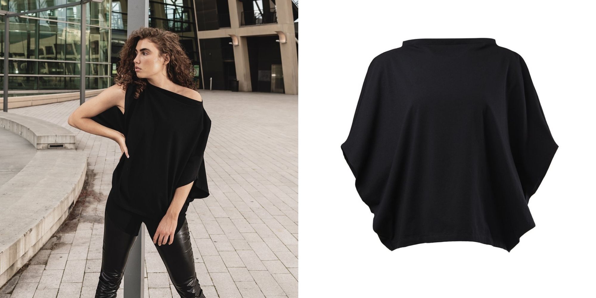 woman of colour wearing black zero waste shirt by Malaika New York