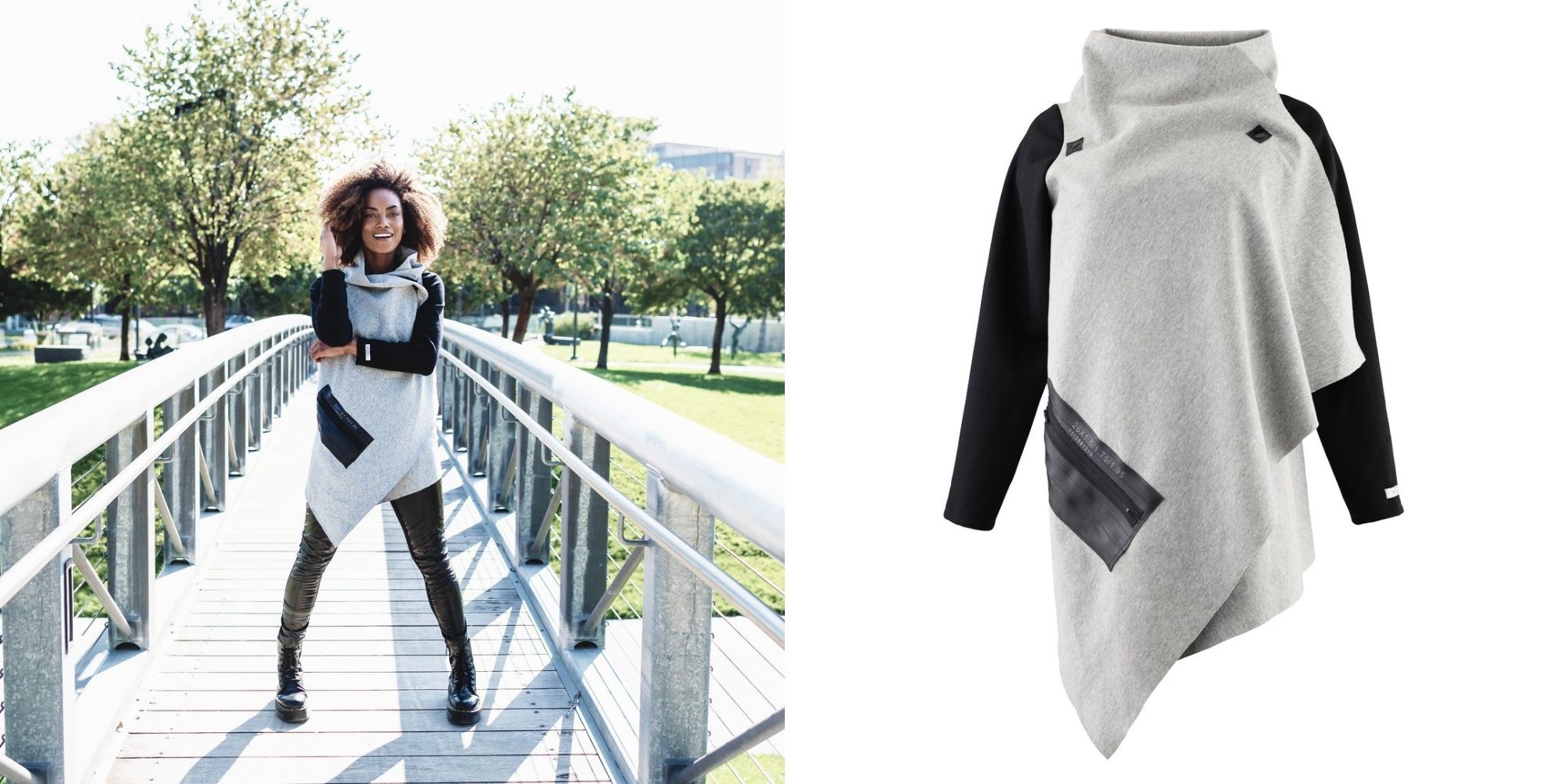 woman of colour wearing grey and black eco cardigan with upcycled bike tube pocket made by Malaika New York